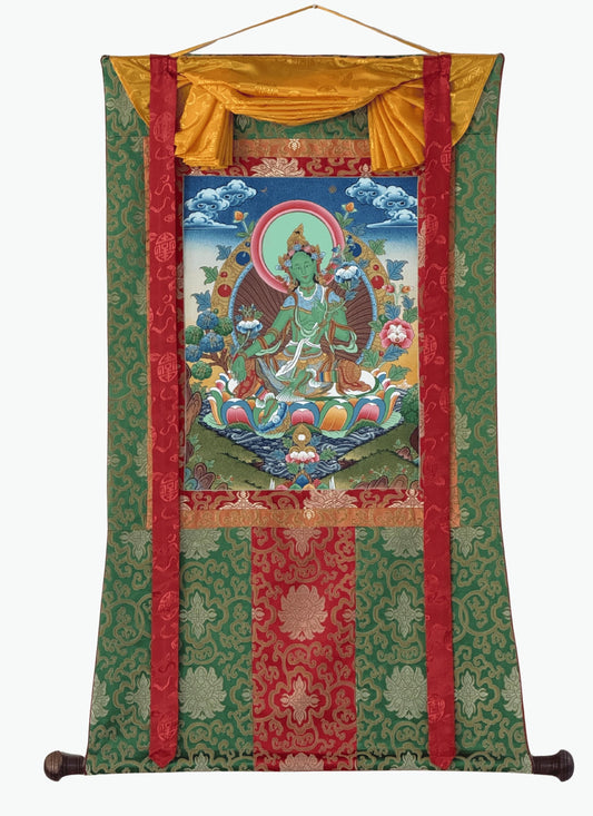 Green Tara Thangka Painting | Hand-Painted Tibetan Goddess Art with Silk Brocade