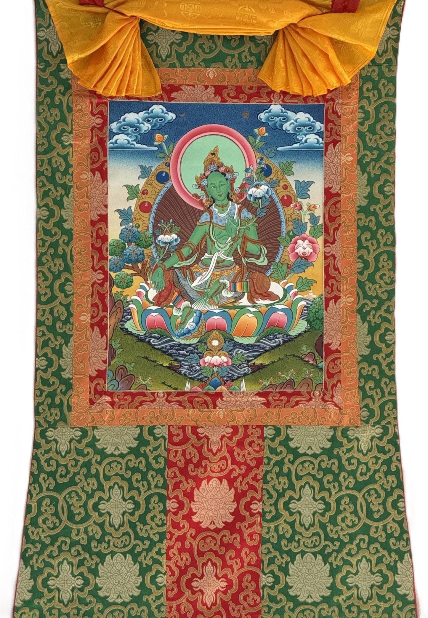 Green Tara Thangka Painting | Hand-Painted Tibetan Goddess Art with Silk Brocade