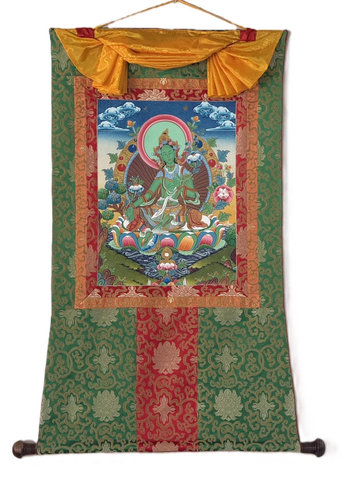 Green Tara Thangka Painting | Hand-Painted Tibetan Goddess Art with Silk Brocade