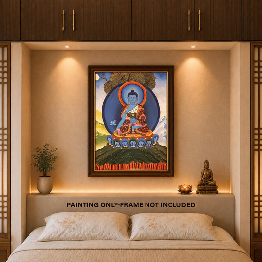 Hand-Painted Smoky Medicine Buddha Thangka | Bhaisajyaguru Tibetan Healing Art | Buddhist Painting