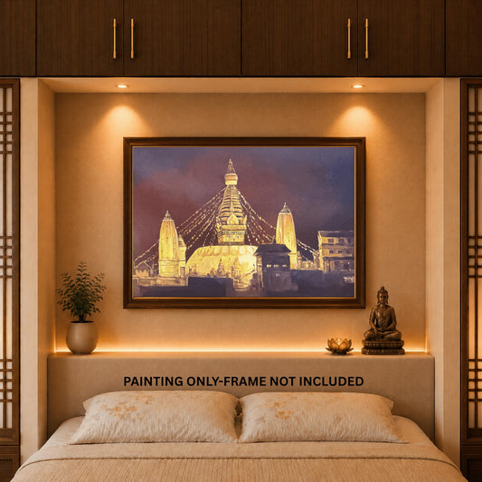 Swayambhunath Temple Night View - Sacred Buddhist Site Acrylic Painting on Canvas - Spiritual Wall Art