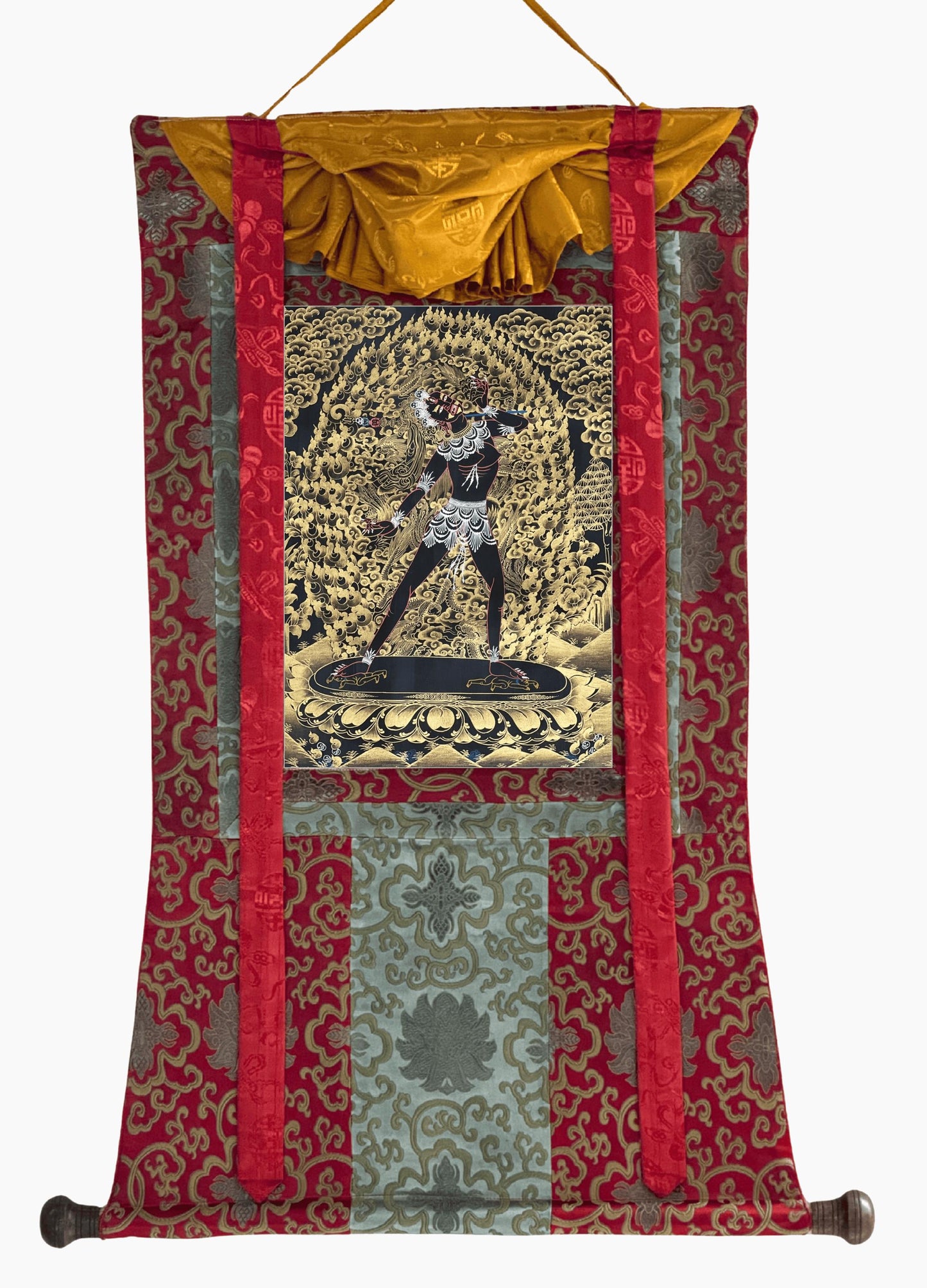 Hand-Painted Vajrayogini Thangka – Black and Gold Tibetan Art with Silk Brocade