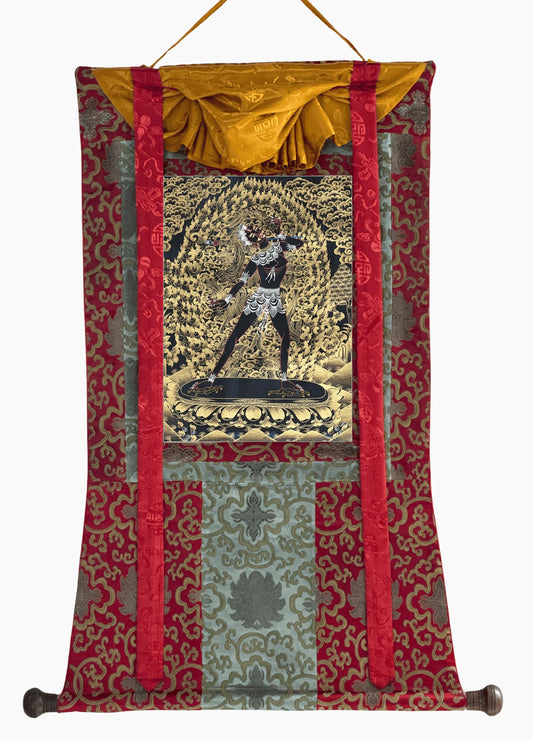 Hand-Painted Vajrayogini Thangka – Black and Gold Tibetan Art with Silk Brocade