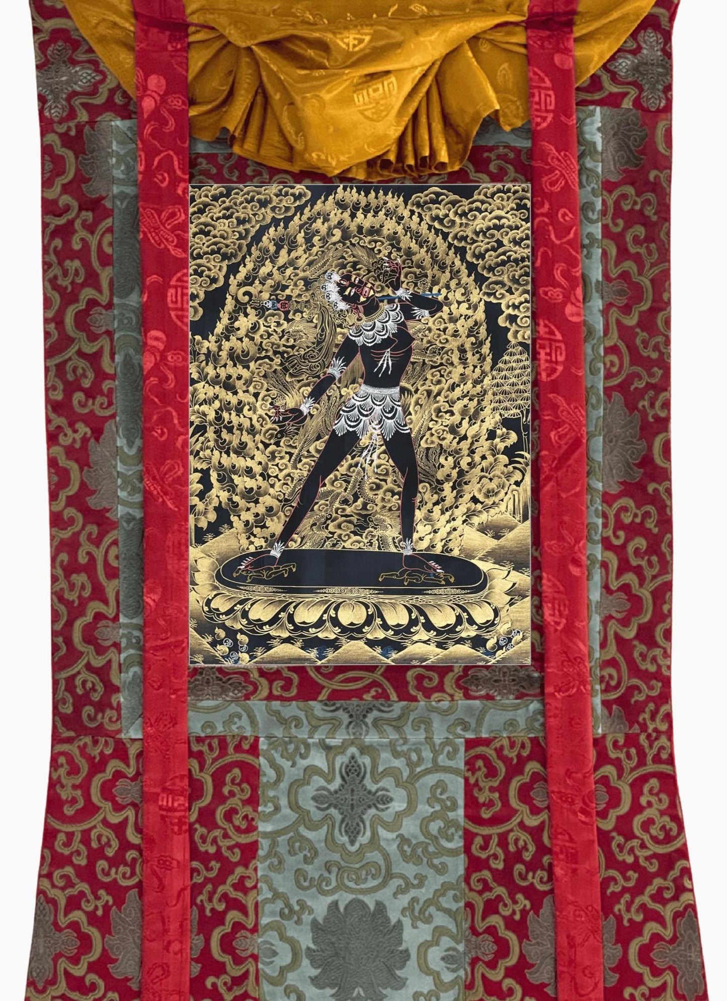 Hand-Painted Vajrayogini Thangka – Black and Gold Tibetan Art with Silk Brocade