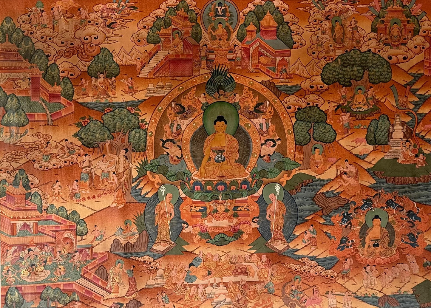 Buddha Life Story Thangka | 24K Gold Old Smoky Tibetan Buddhist Masterpiece