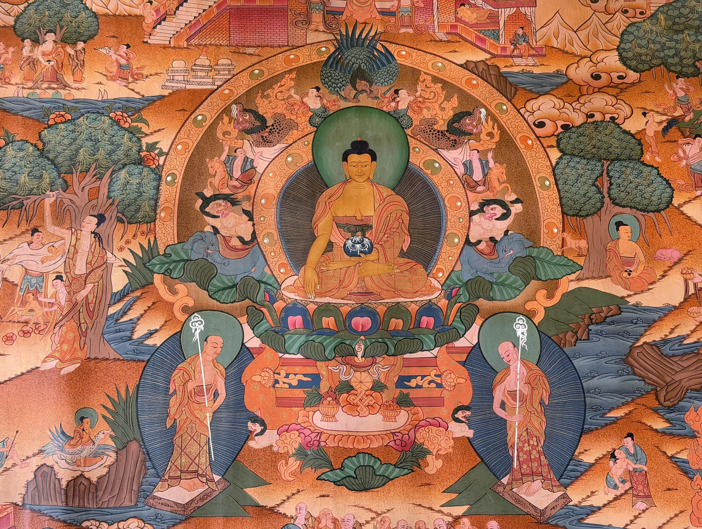 Buddha Life Story Thangka | 24K Gold Old Smoky Tibetan Buddhist Masterpiece