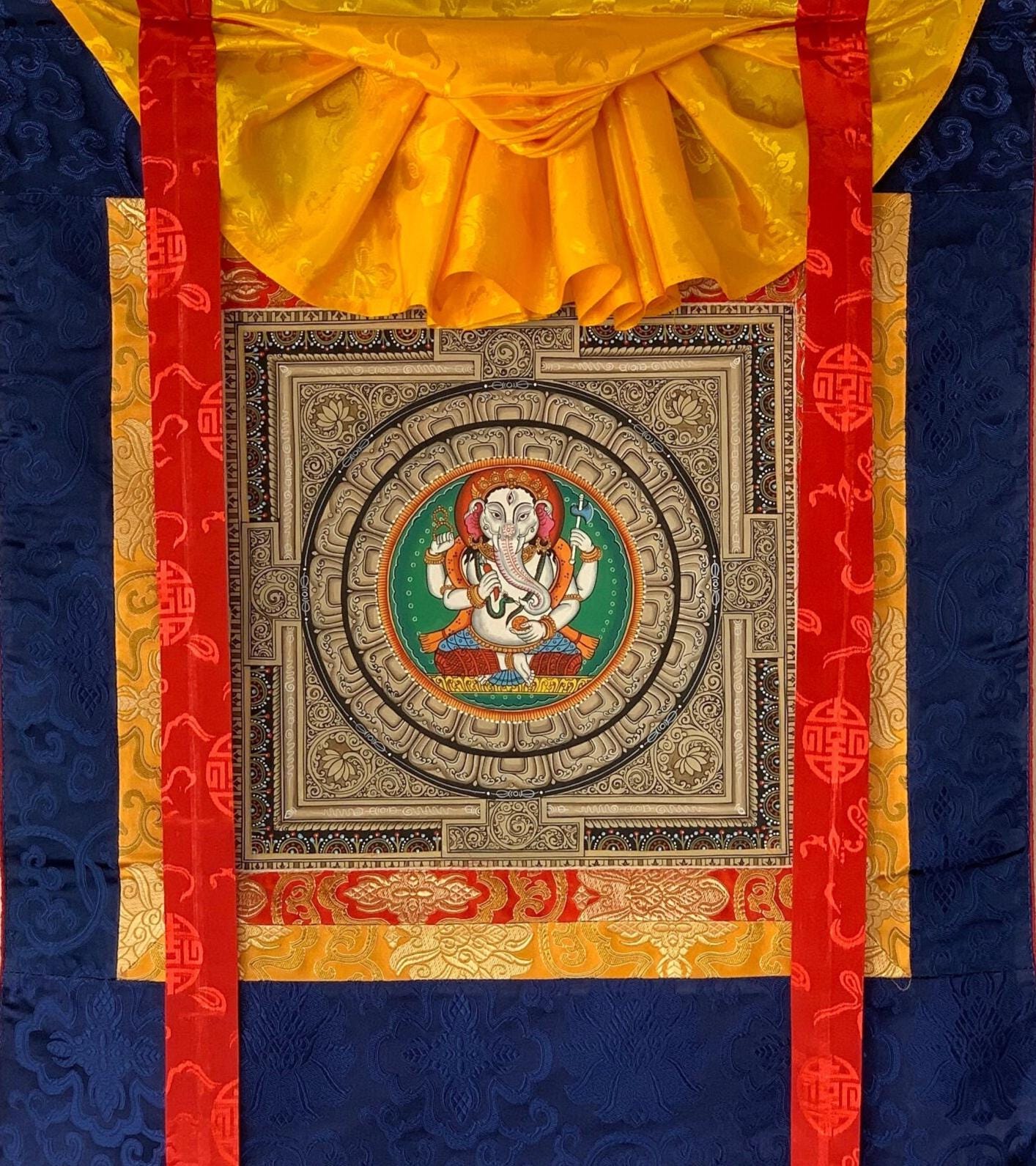 Hand-Painted Ganesha Sri Yantra Thangka Painting with Silk Brocade