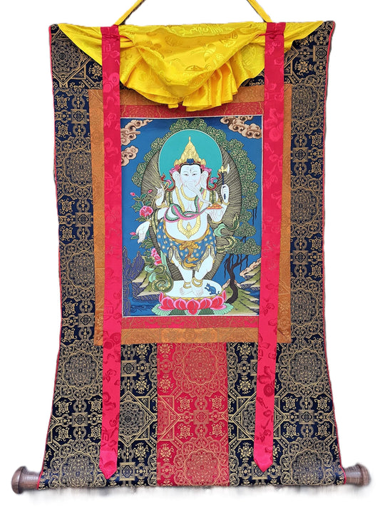 Hand-Painted Four Armed Ganesha Thanka Painting with Silk Brocade