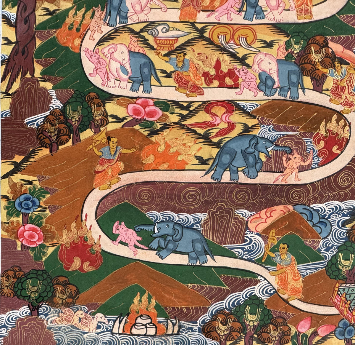 Samatha Meditation Thangka Painting | Tibetan Buddhist Art with Silk Brocade | Elephant Path Mind Training