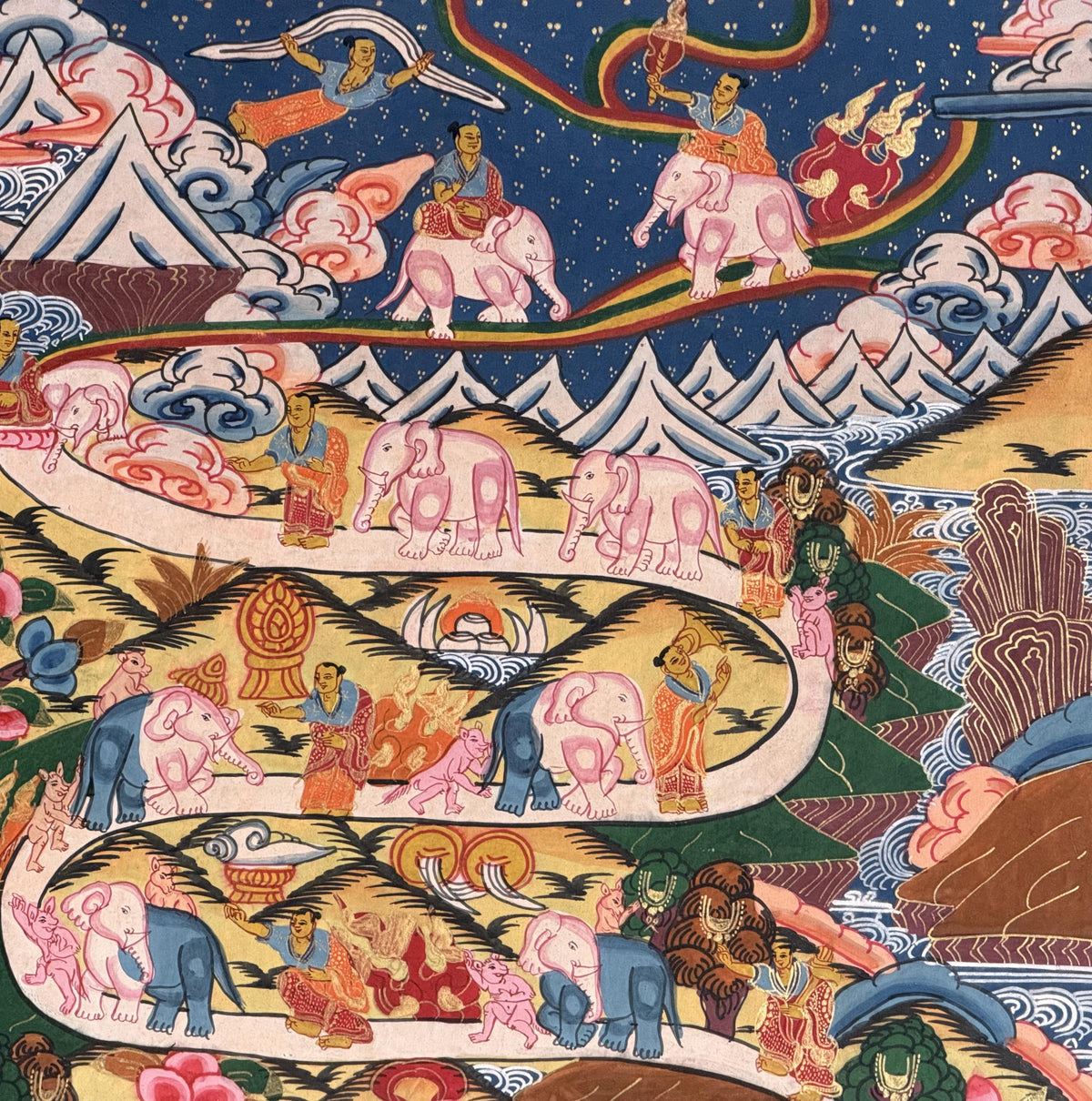 Samatha Meditation Thangka Painting | Tibetan Buddhist Art with Silk Brocade | Elephant Path Mind Training