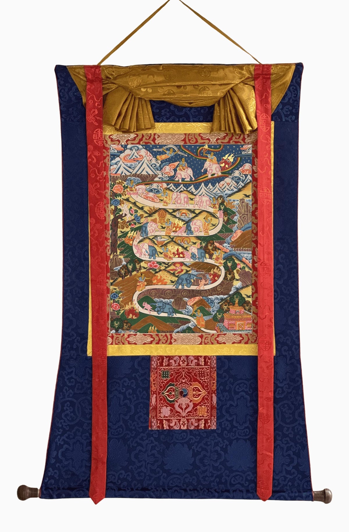 Samatha Meditation Thangka Painting | Tibetan Buddhist Art with Silk Brocade | Elephant Path Mind Training