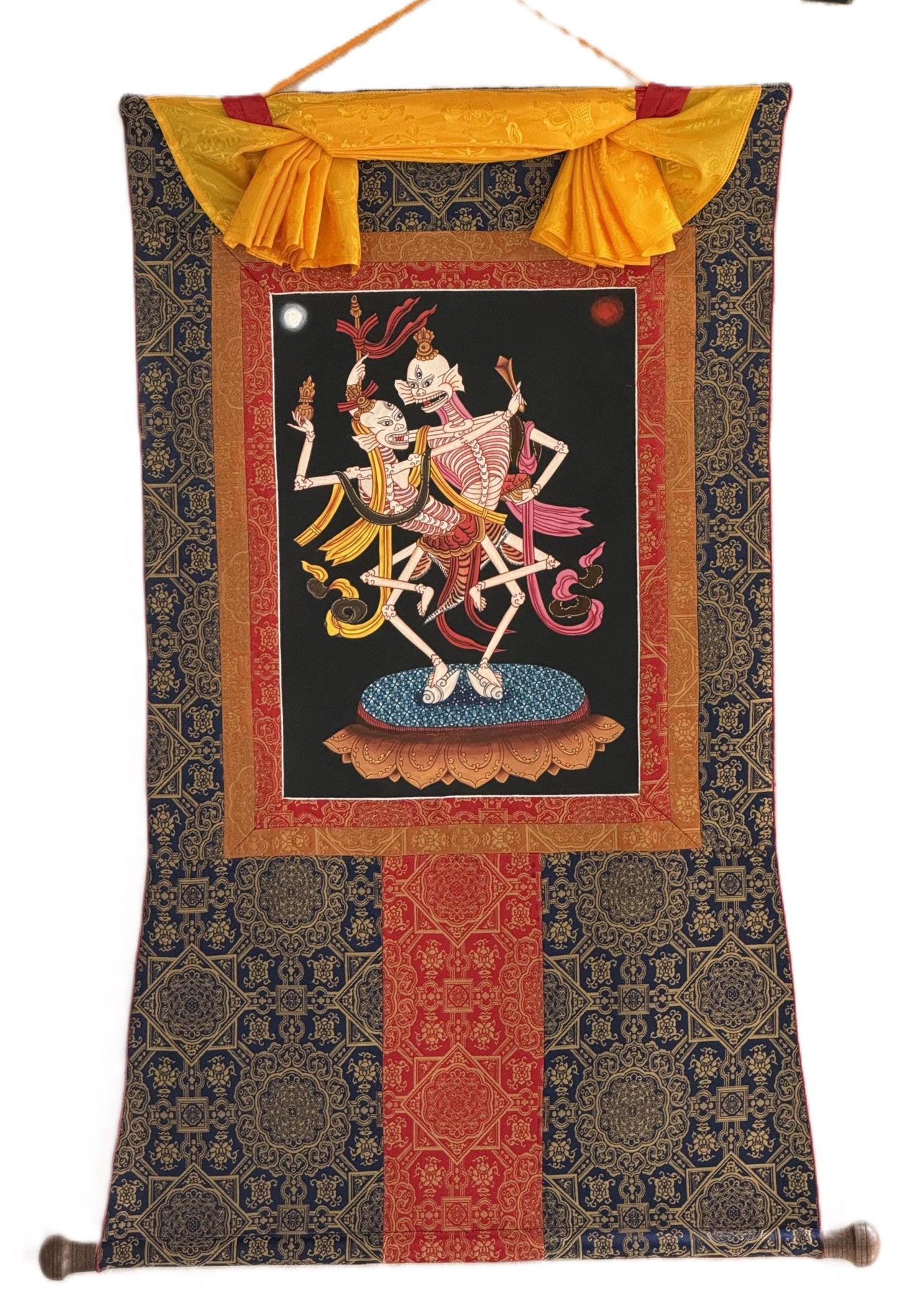 Citipati Thangka Painting, Hand Painted Tibetan Art, Silk Brocade Buddhist Wall Hanging