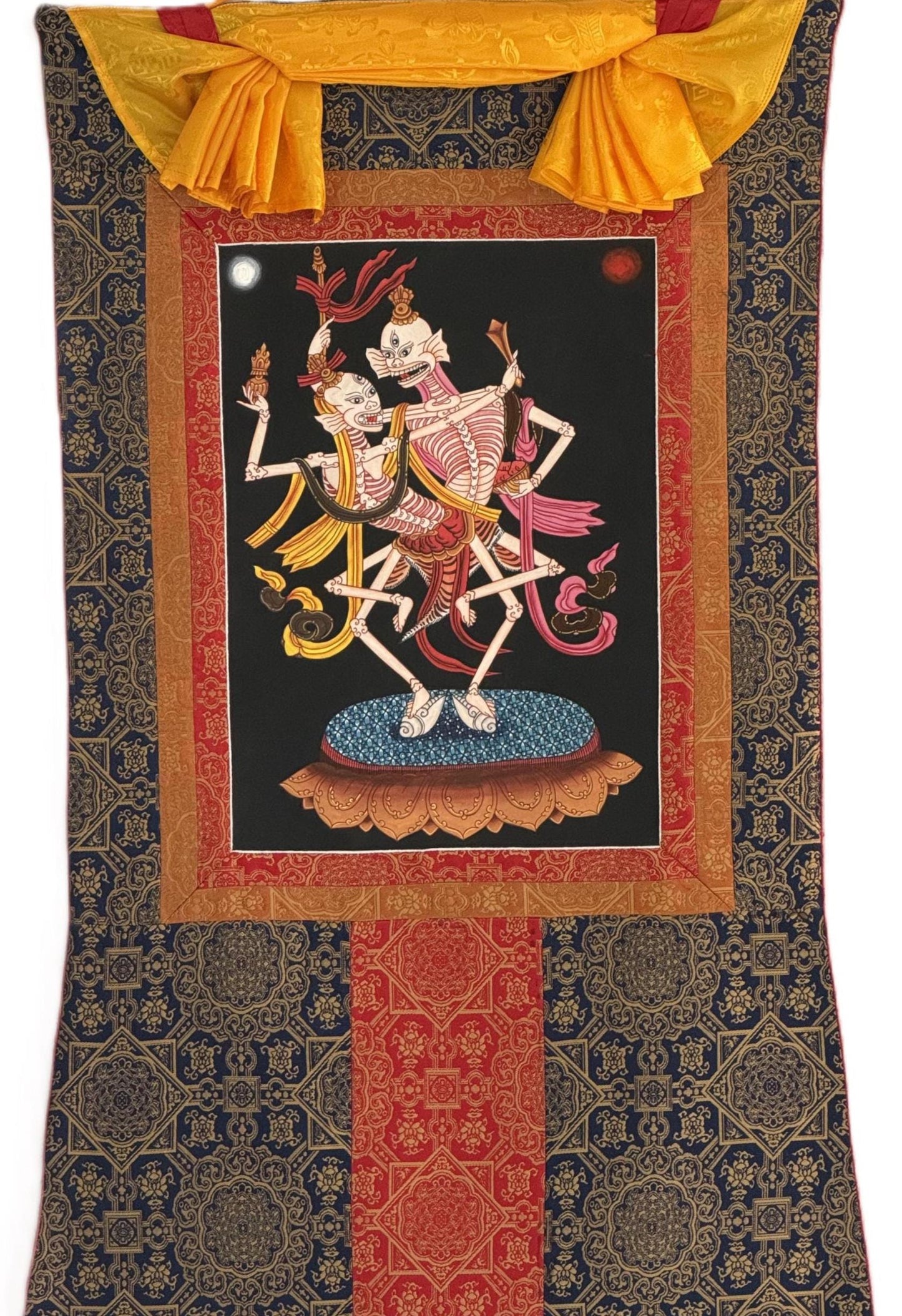 Citipati Thangka Painting, Hand Painted Tibetan Art, Silk Brocade Buddhist Wall Hanging