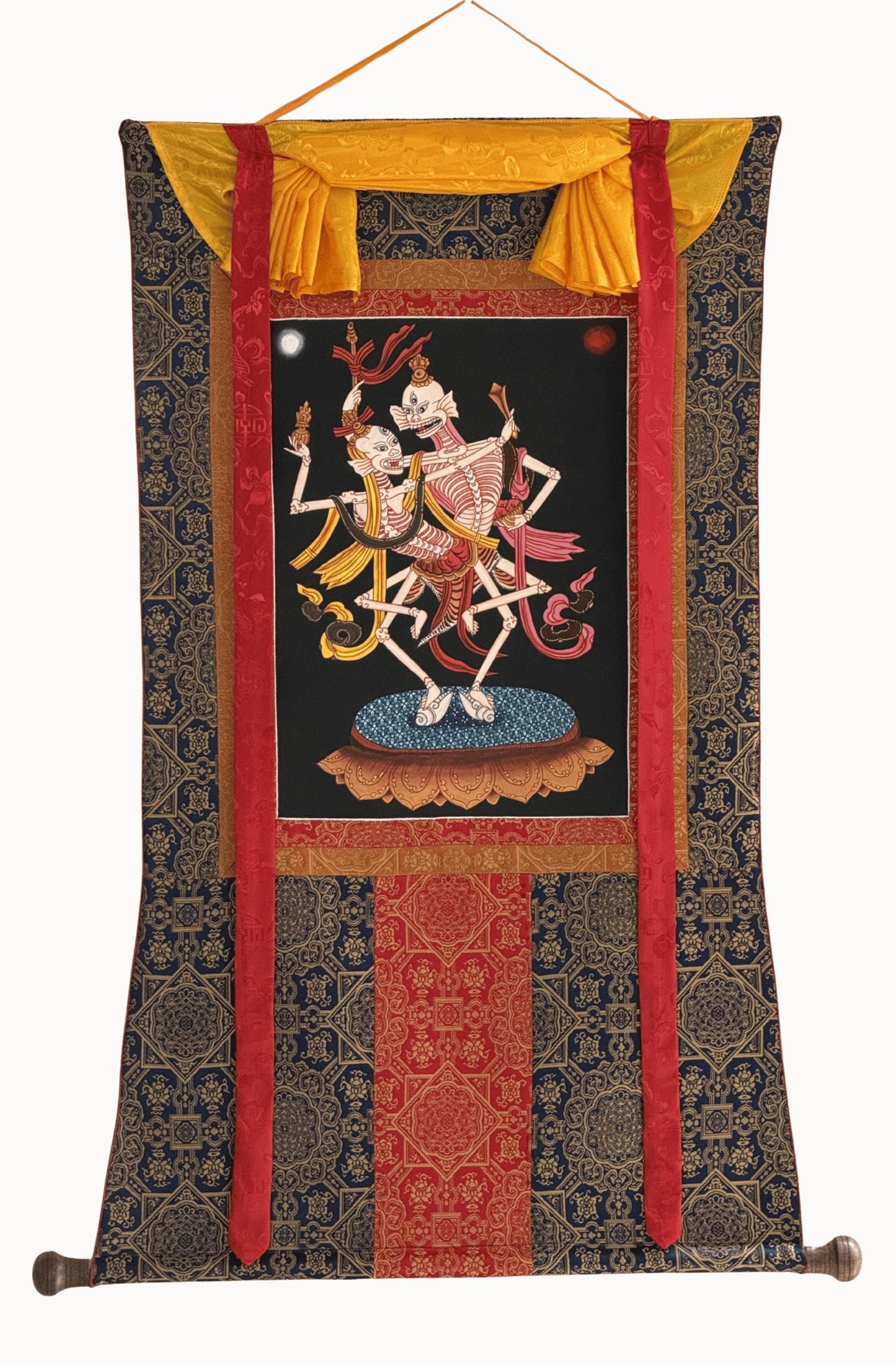 Citipati Thangka Painting, Hand Painted Tibetan Art, Silk Brocade Buddhist Wall Hanging