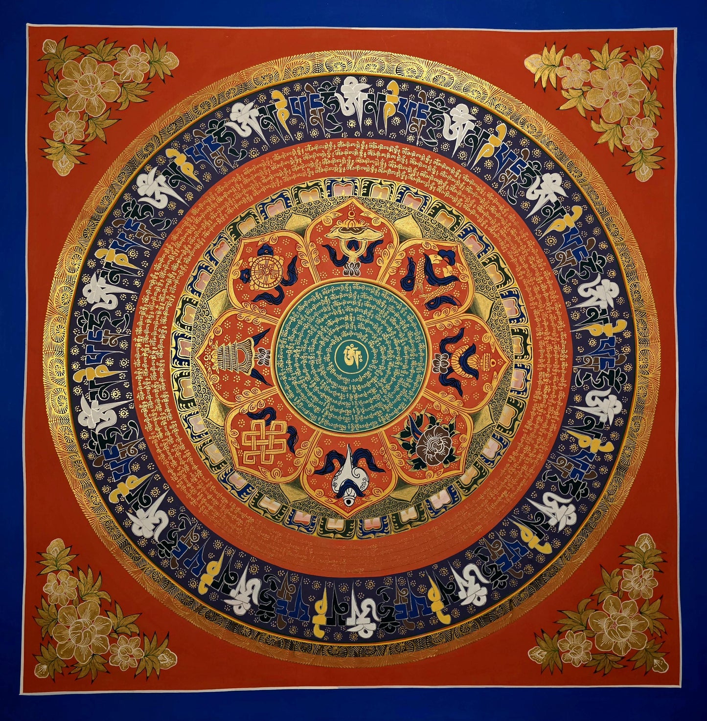 Flower Om Mani Padme Hum Mandala Thangka | Astamangala Tibetan Meditation Art