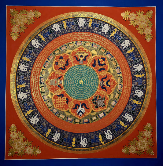 Flower Om Mani Padme Hum Mandala Thangka | Astamangala Tibetan Meditation Art