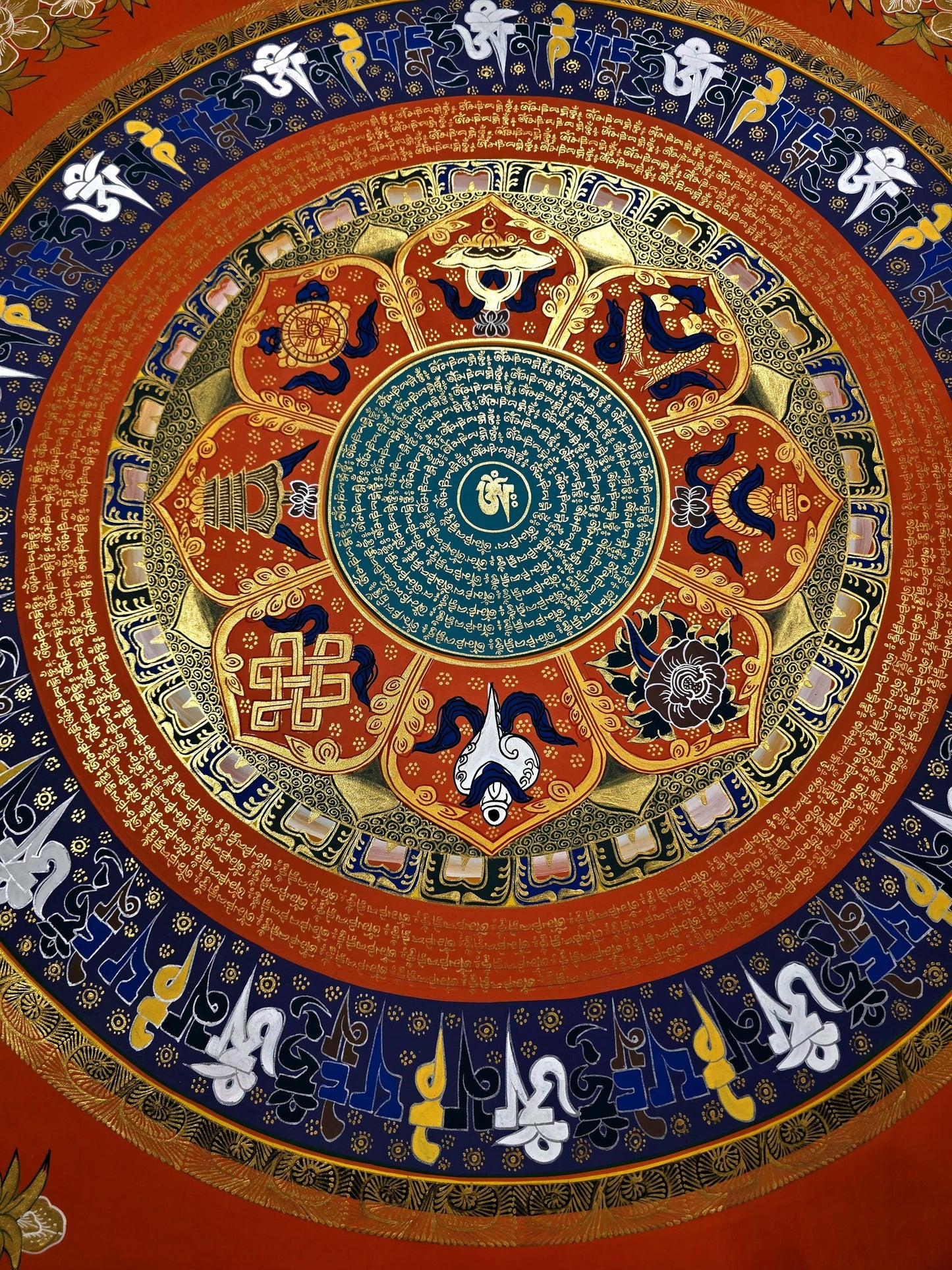 Flower Om Mani Padme Hum Mandala Thangka | Astamangala Tibetan Meditation Art