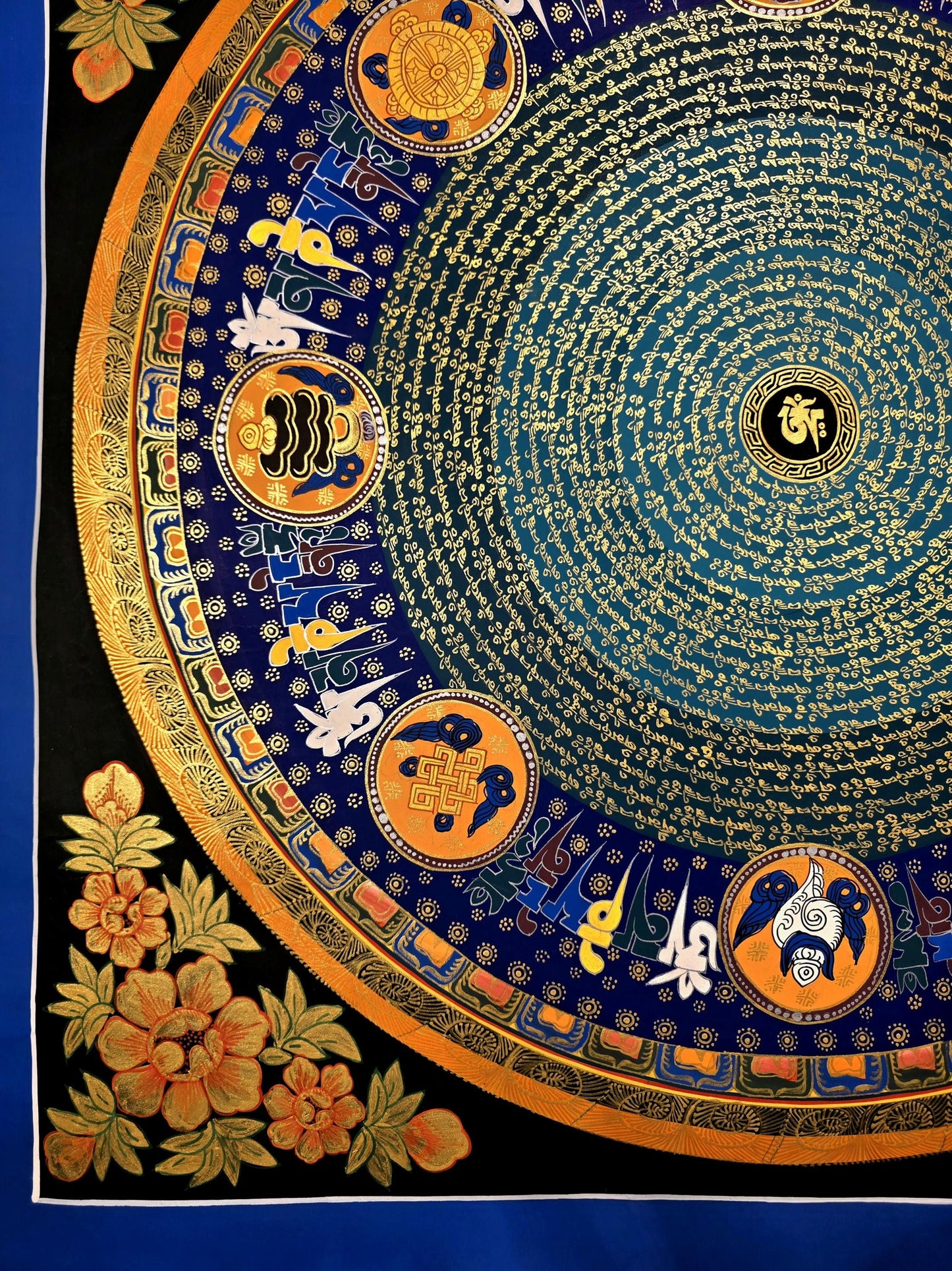 Om Mani Padme Hum Mandala Thangka, Astamangala Tibetan Meditation Art, Floral Border
