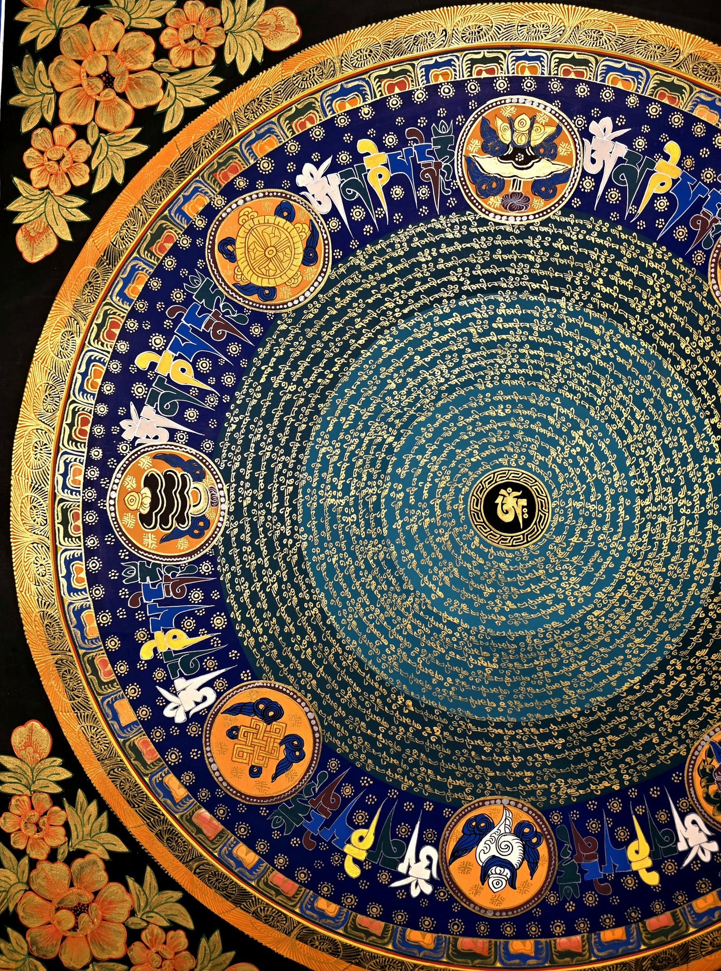 Om Mani Padme Hum Mandala Thangka, Astamangala Tibetan Meditation Art, Floral Border