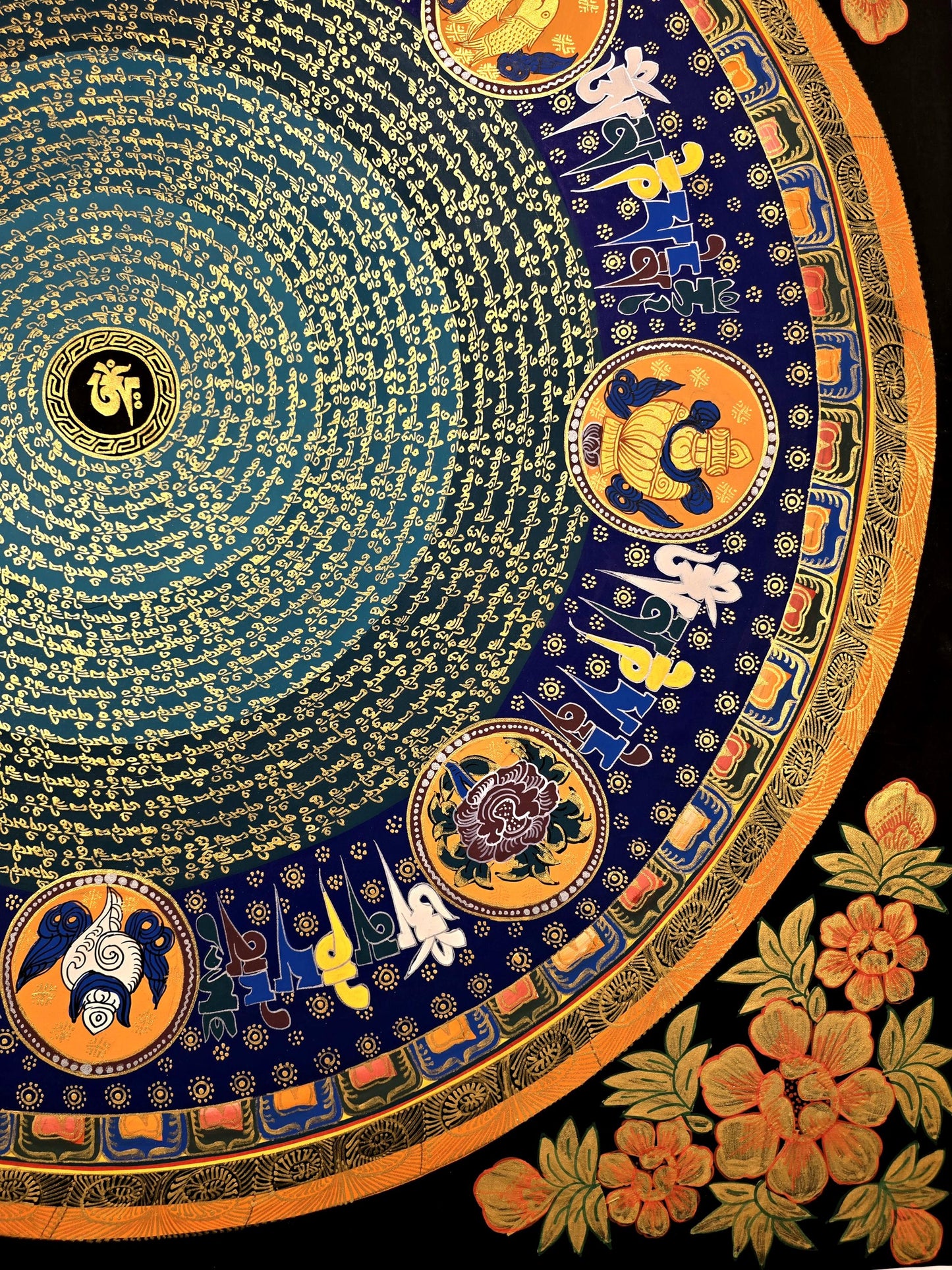 Om Mani Padme Hum Mandala Thangka, Astamangala Tibetan Meditation Art, Floral Border