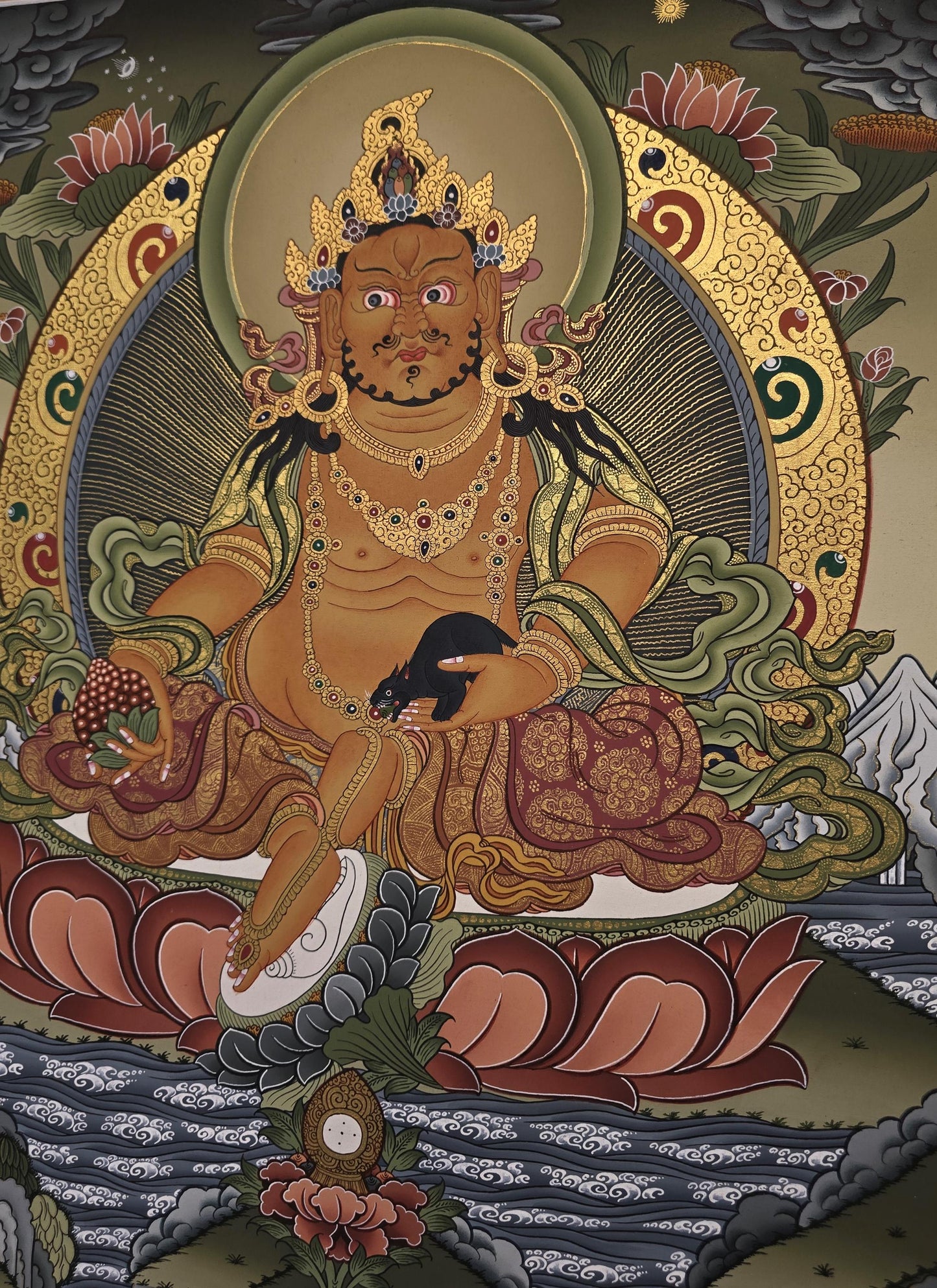 Hand-Painted Jambhala Thangka | Tibetan God of Wealth Masterpiece Art