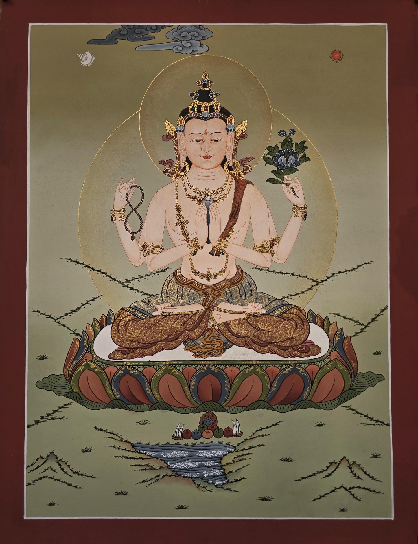 Chenrezig Thangka | Hand-Painted Karma Gadri Tibetan Compassion Art