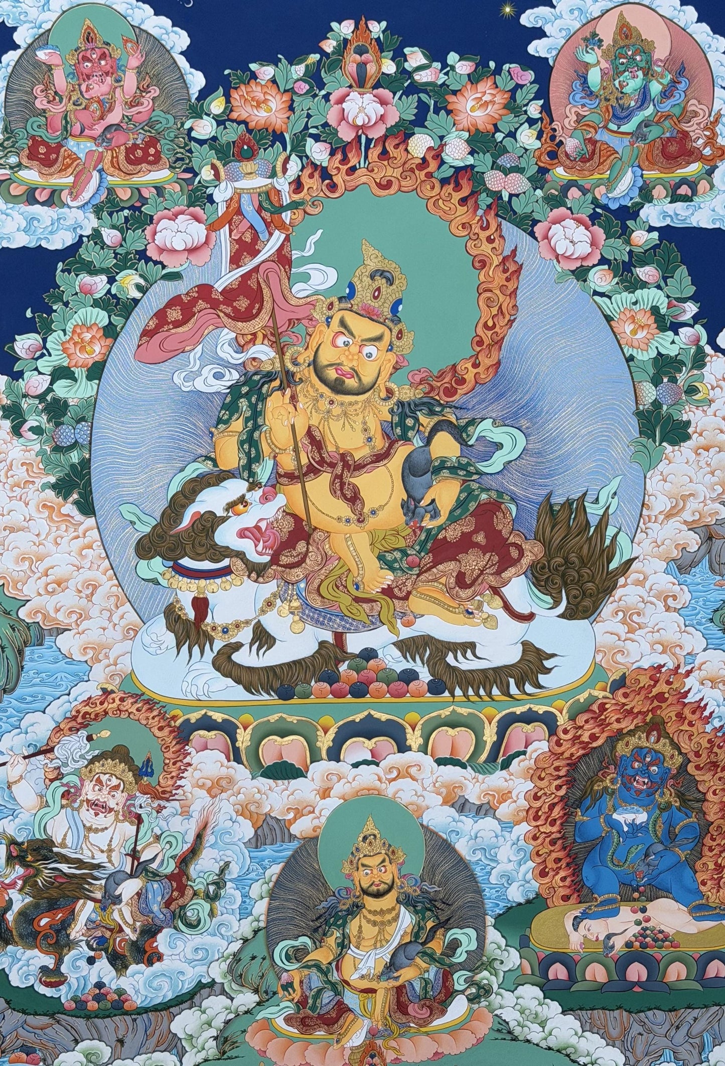 Kubera with Pancha Jambhala Hand-Painted Thangka | 24K Gold Tibetan Wealth Deity - Large Masterpiece