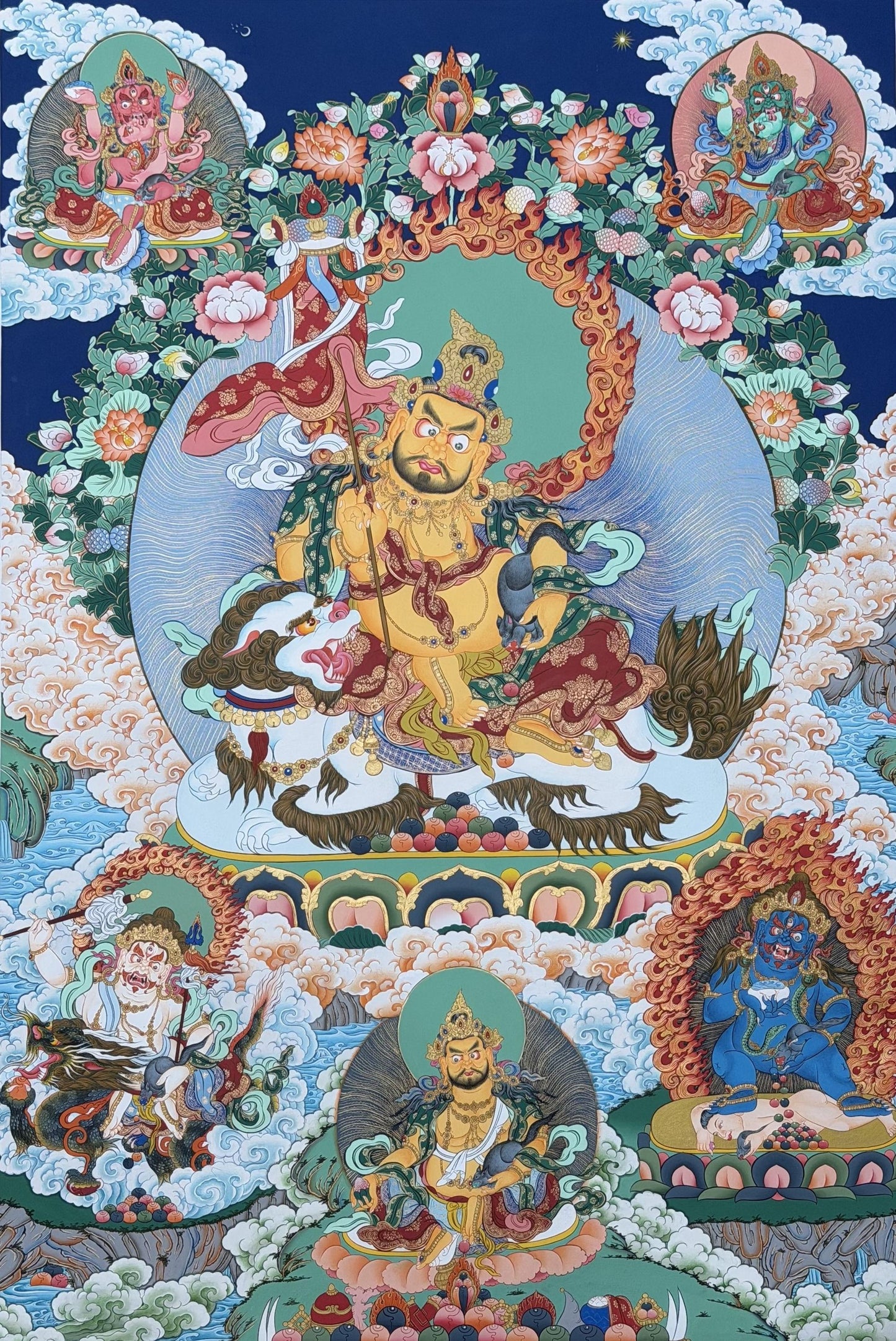 Kubera with Pancha Jambhala Hand-Painted Thangka | 24K Gold Tibetan Wealth Deity - Large Masterpiece