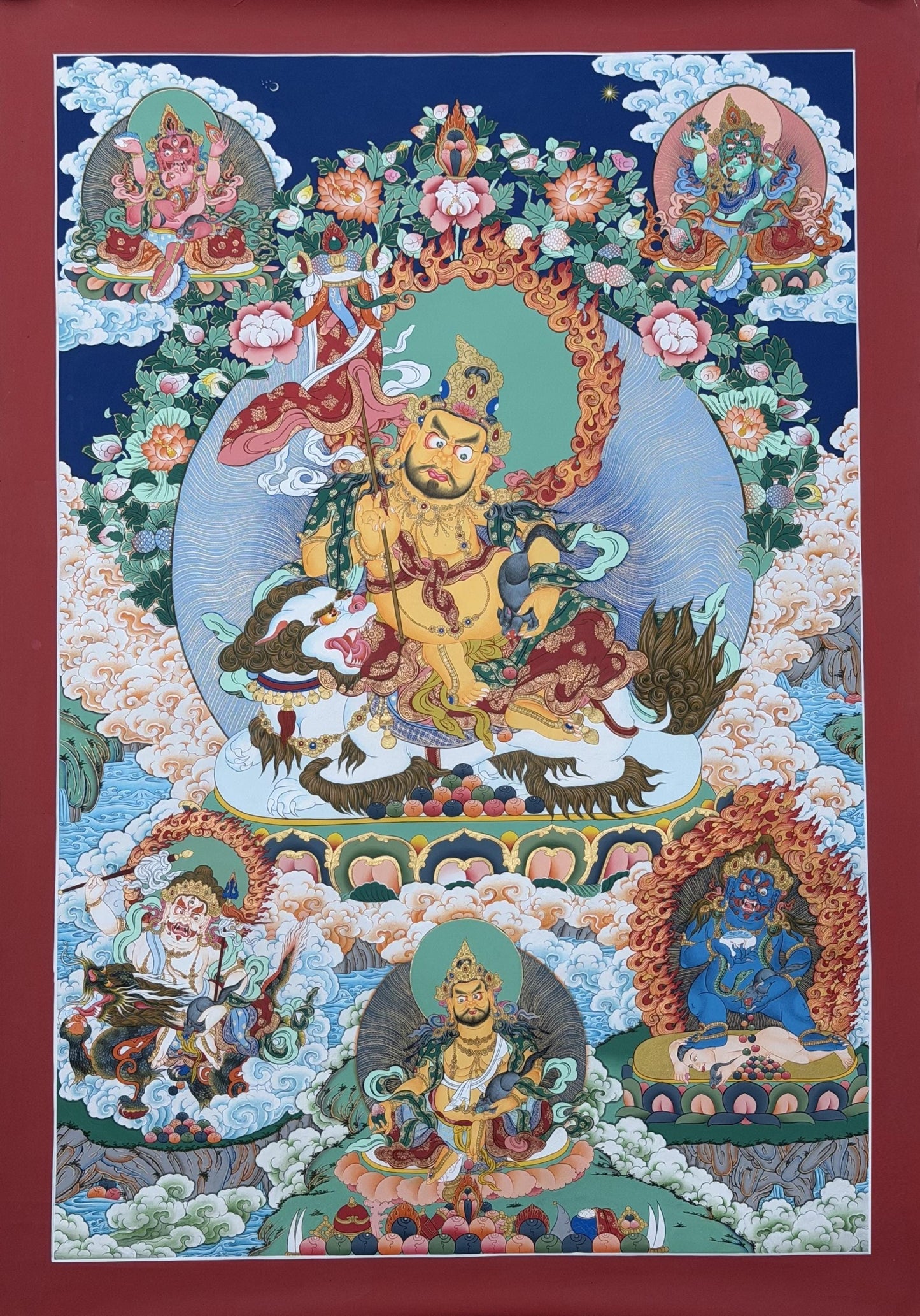 Kubera with Pancha Jambhala Hand-Painted Thangka | 24K Gold Tibetan Wealth Deity - Large Masterpiece