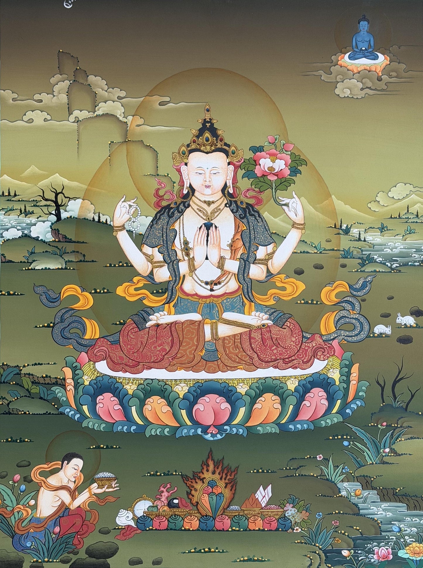 Chenrezig Gold Thangka | Hand-Painted Karma Gadri Tibetan Compassion Art