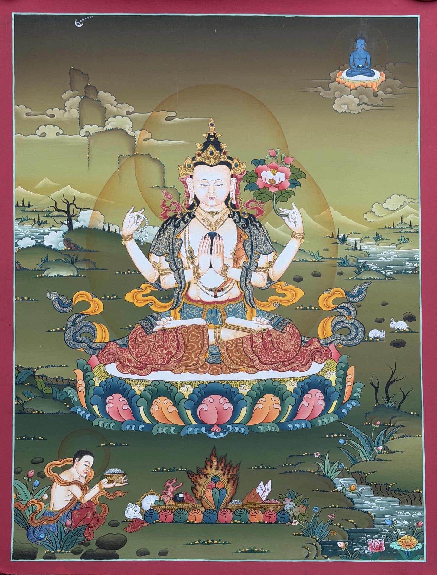 Chenrezig Gold Thangka | Hand-Painted Karma Gadri Tibetan Compassion Art
