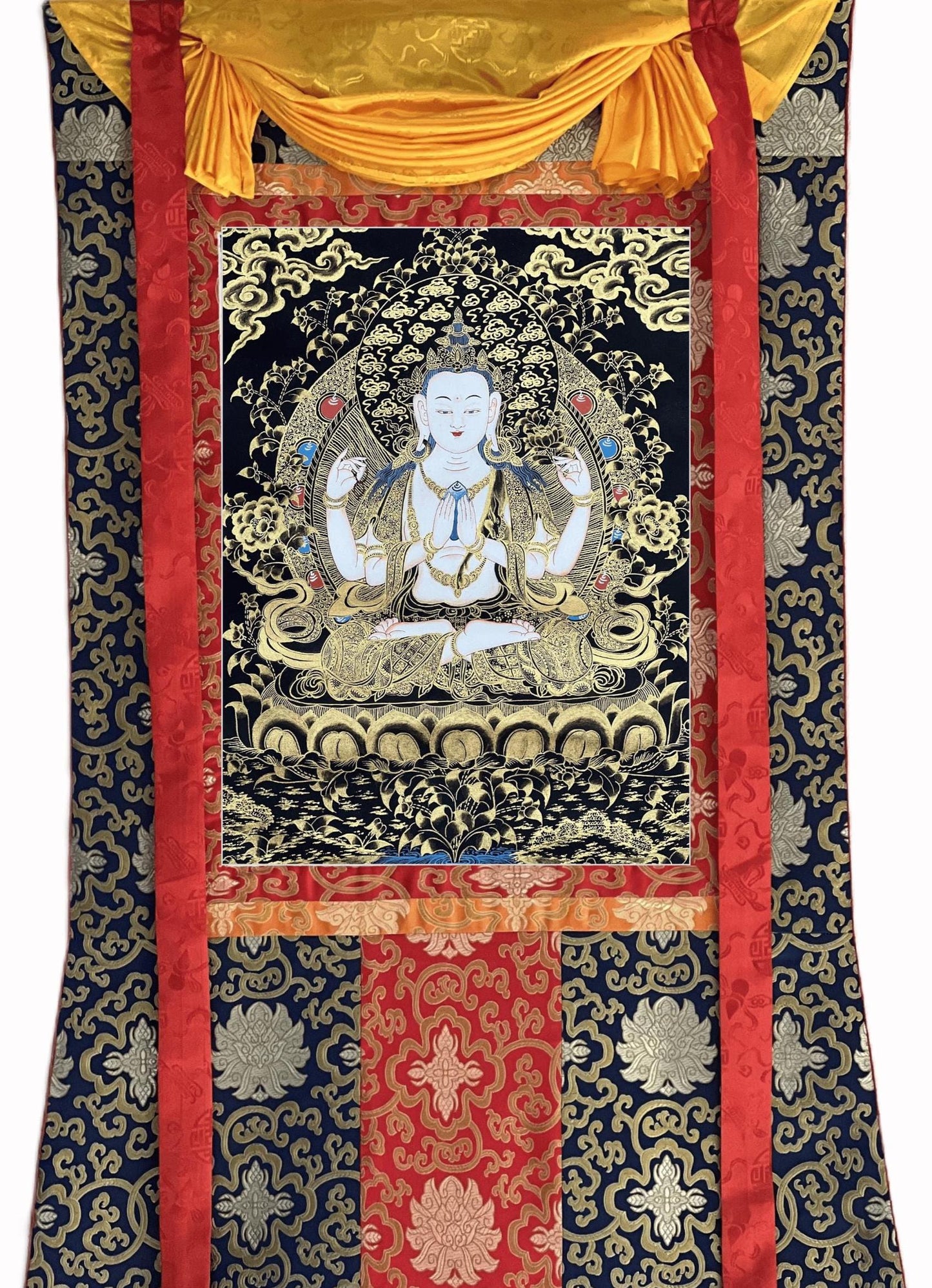 Chenrezig Black & Gold Thangka | Hand-Painted Avalokiteshvara Tibetan Art with Silk Brocade