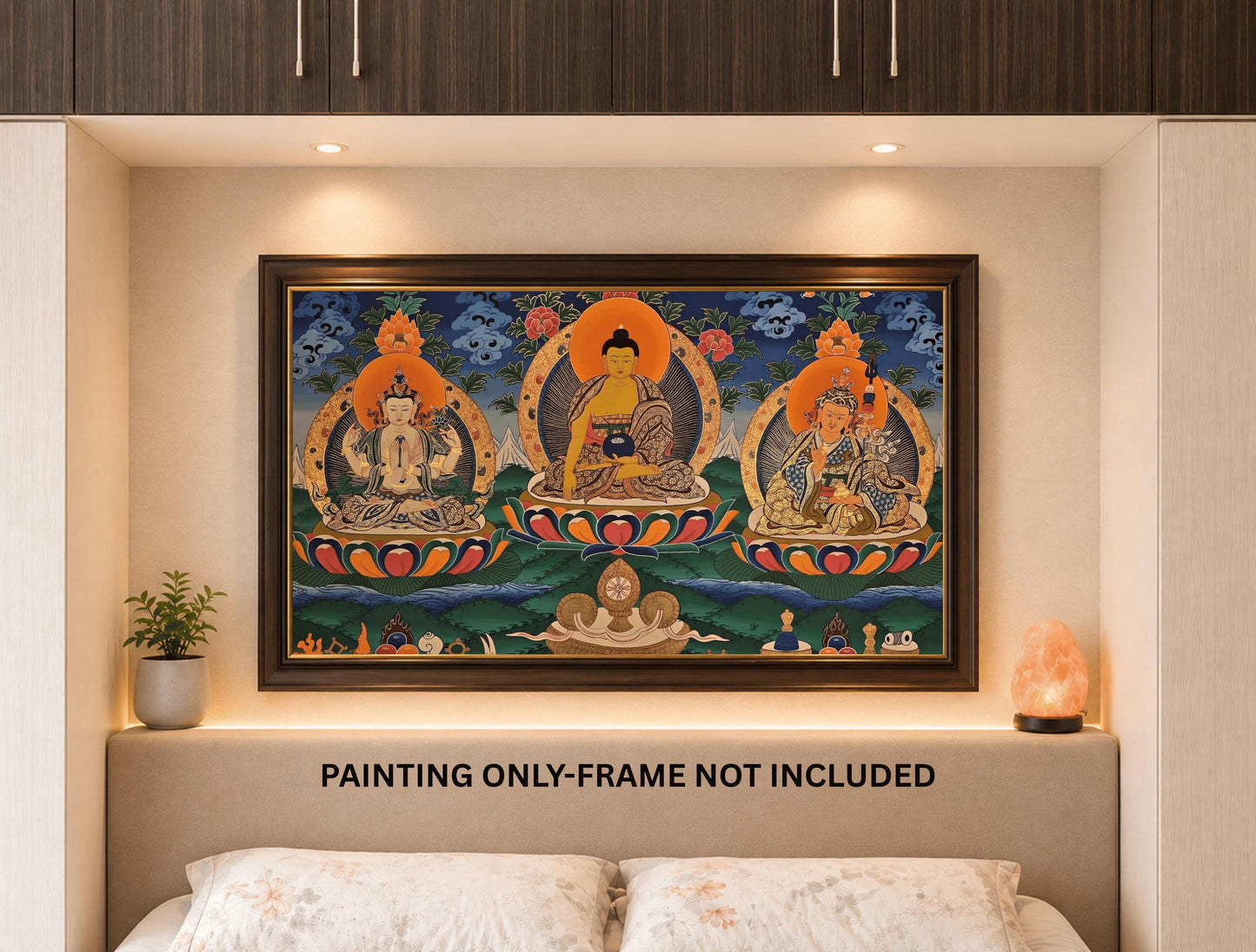 Hand-Painted Triple Deity Thangka, Tibetan Buddhist Art