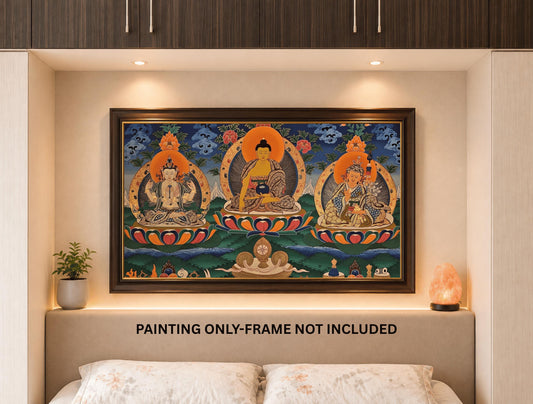 Hand-Painted Triple Deity Thangka, Tibetan Buddhist Art