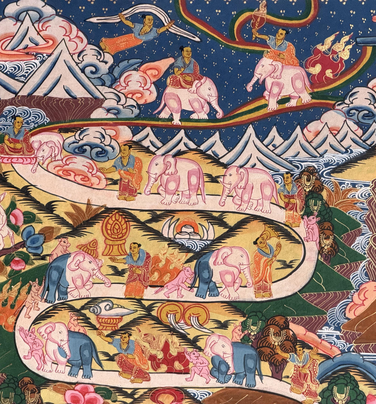 Samatha Meditation Thangka Painting | Tibetan Buddhist Art with Silk Brocade | Elephant Path Mind Training