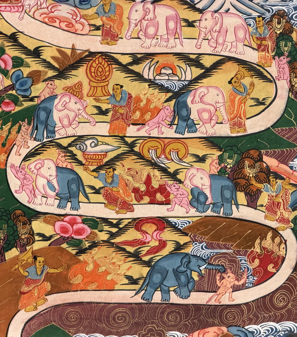 Samatha Meditation Thangka Painting | Tibetan Buddhist Art with Silk Brocade | Elephant Path Mind Training