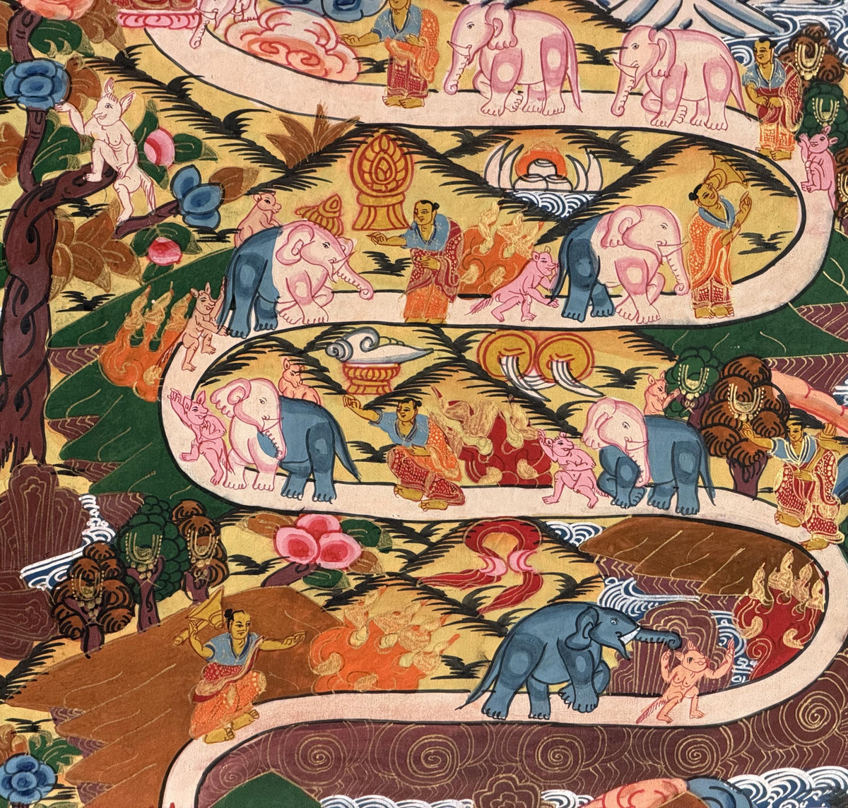 Samatha Meditation Thangka Painting | Tibetan Buddhist Art with Silk Brocade | Elephant Path Mind Training