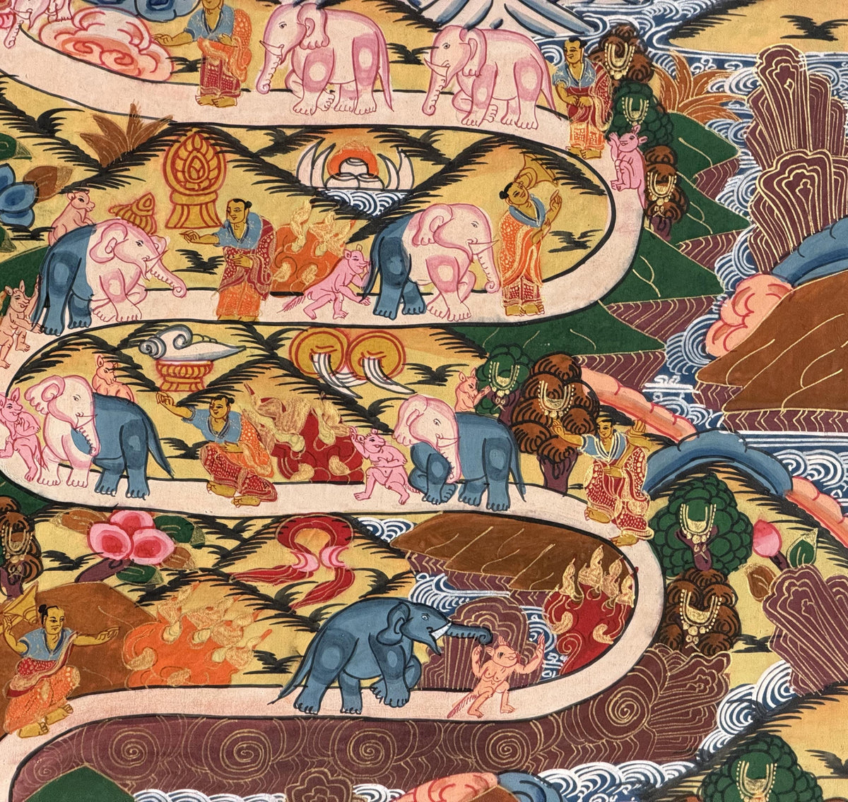 Samatha Meditation Thangka Painting | Tibetan Buddhist Art with Silk Brocade | Elephant Path Mind Training
