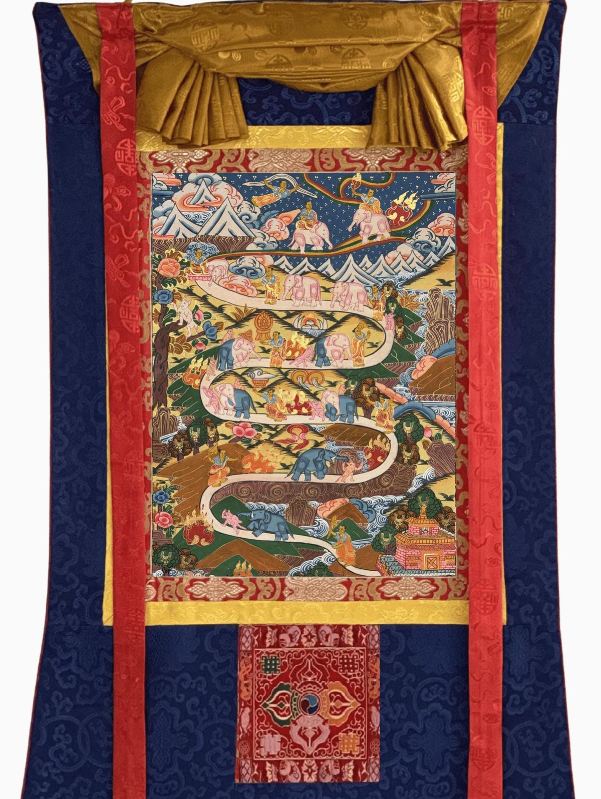 Samatha Meditation Thangka Painting | Tibetan Buddhist Art with Silk Brocade | Elephant Path Mind Training