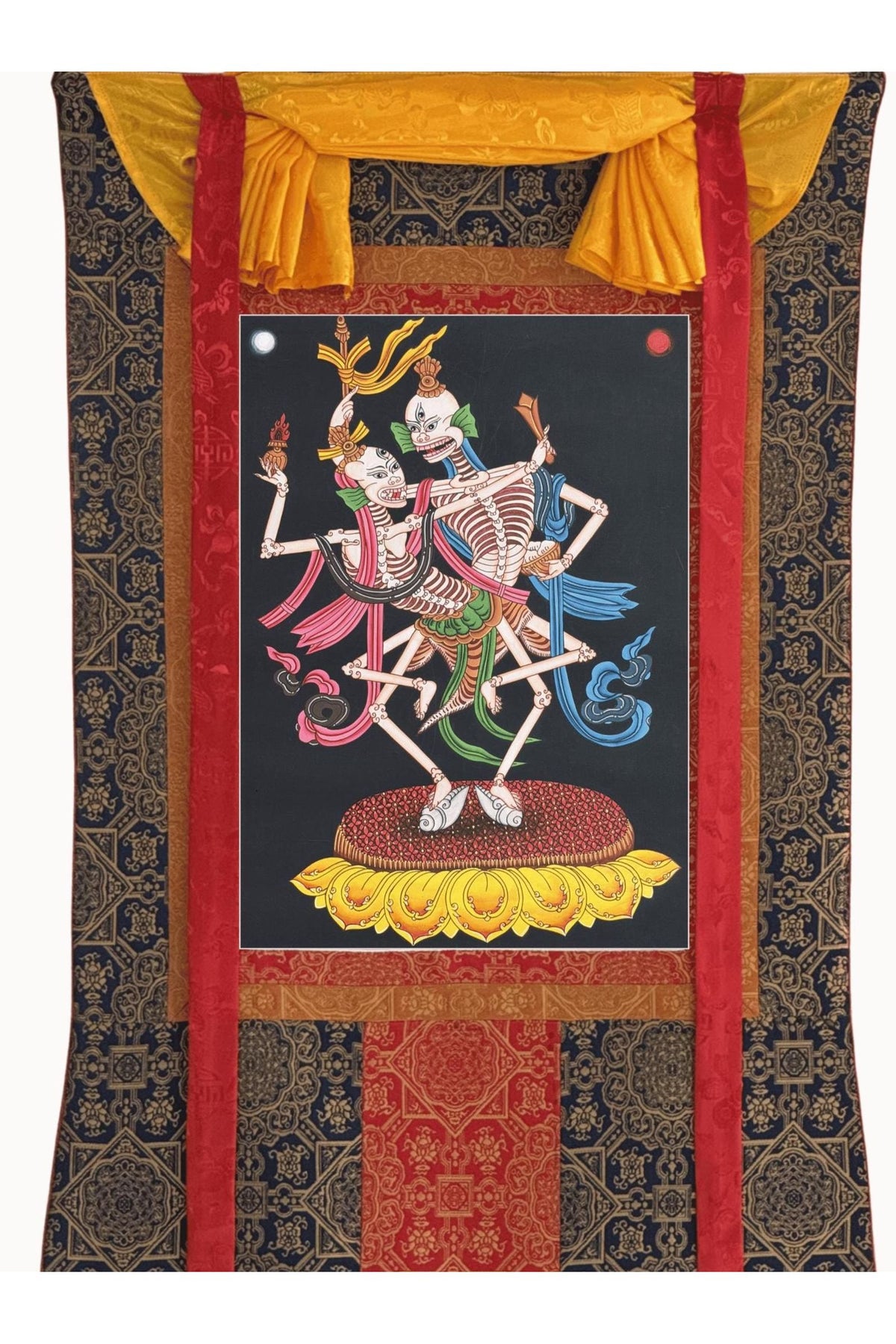 Citipati Dancing Skeletons Thangka | Hand-Painted Tibetan Buddhist Art | Silk Brocade Dharma Protector Wall Hanging