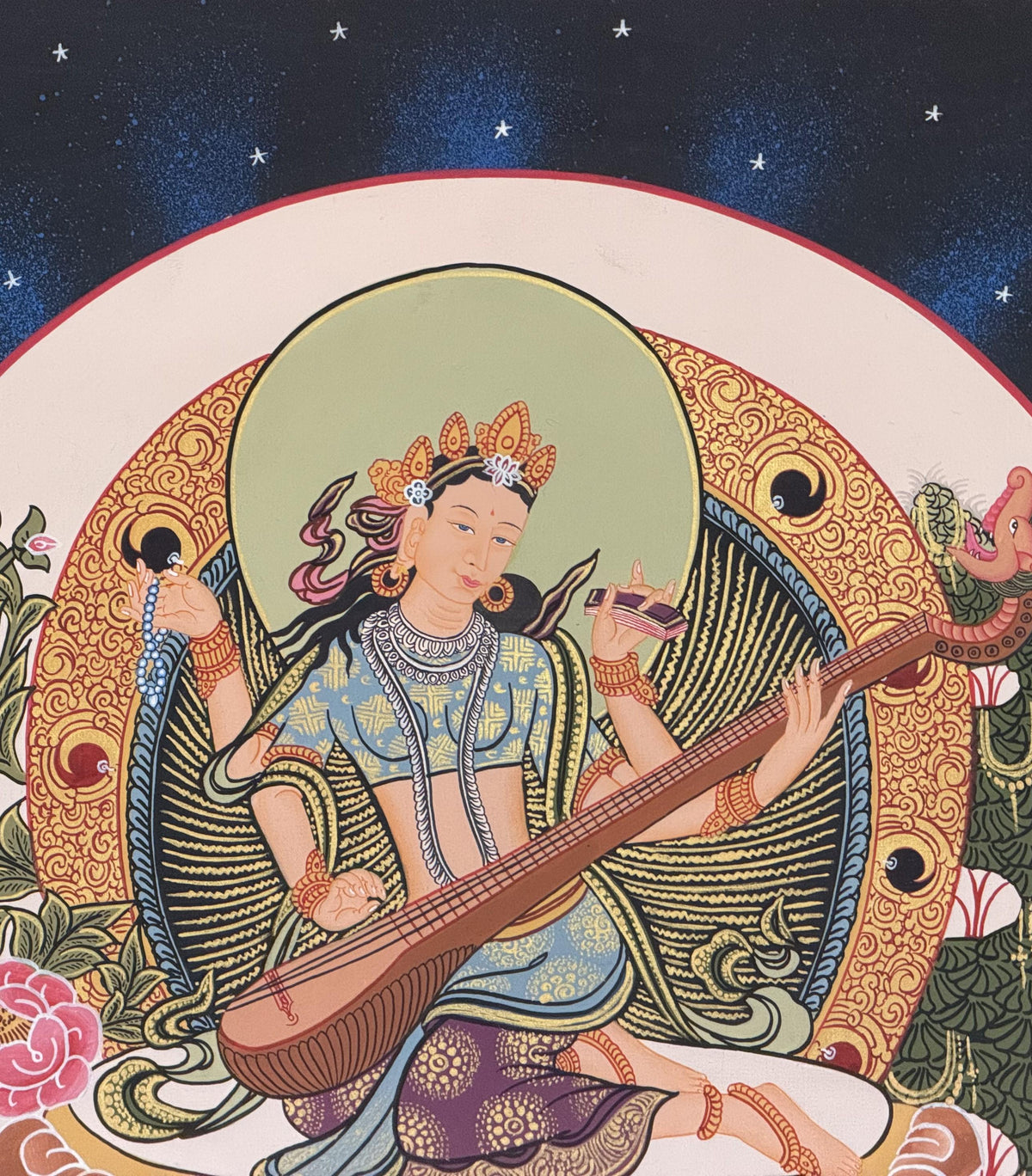 Mother Saraswati Thangka with Silk Brocade | Hand-Painted Hindu Goddess of Wisdom Art
