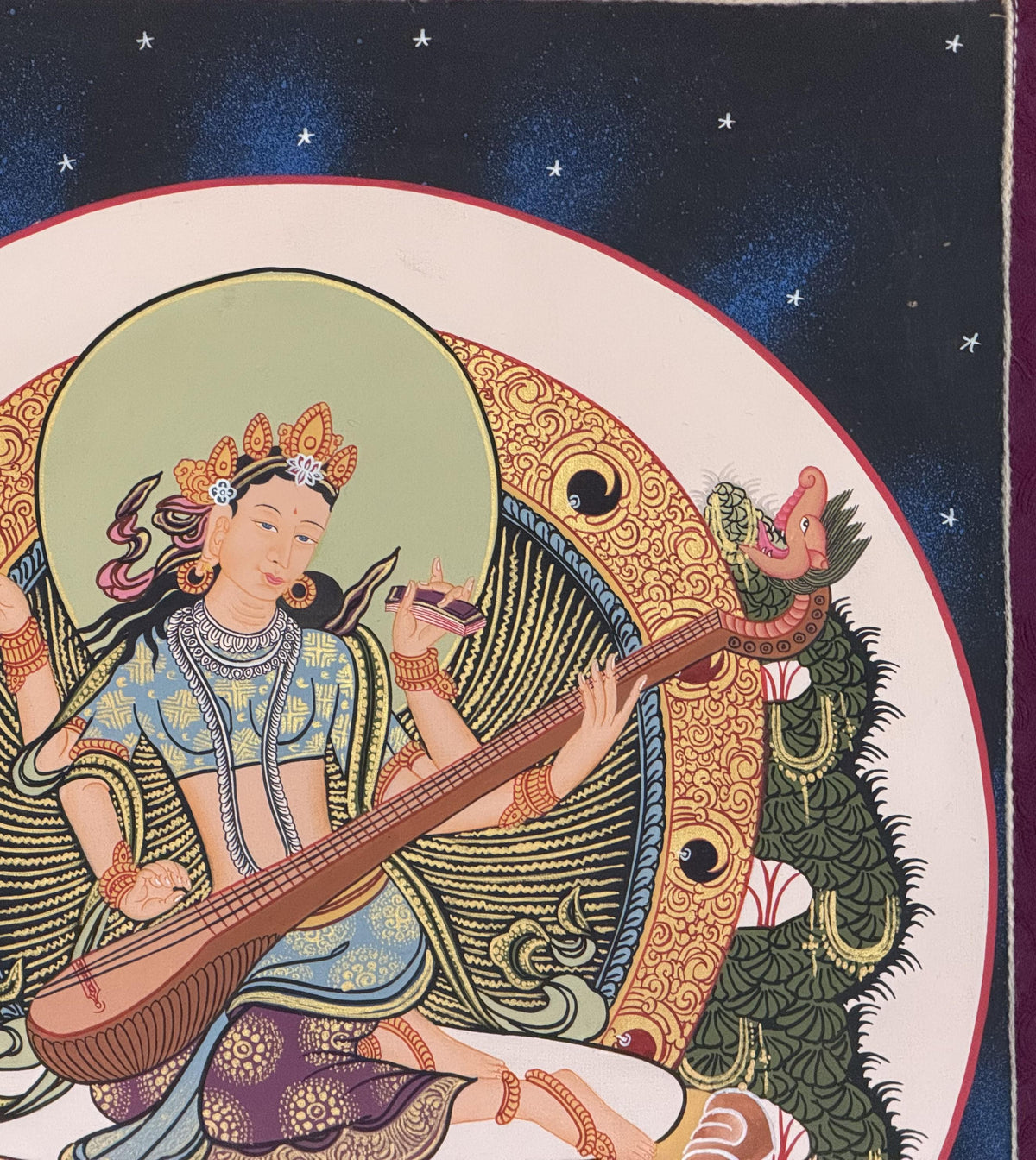 Mother Saraswati Thangka with Silk Brocade | Hand-Painted Hindu Goddess of Wisdom Art