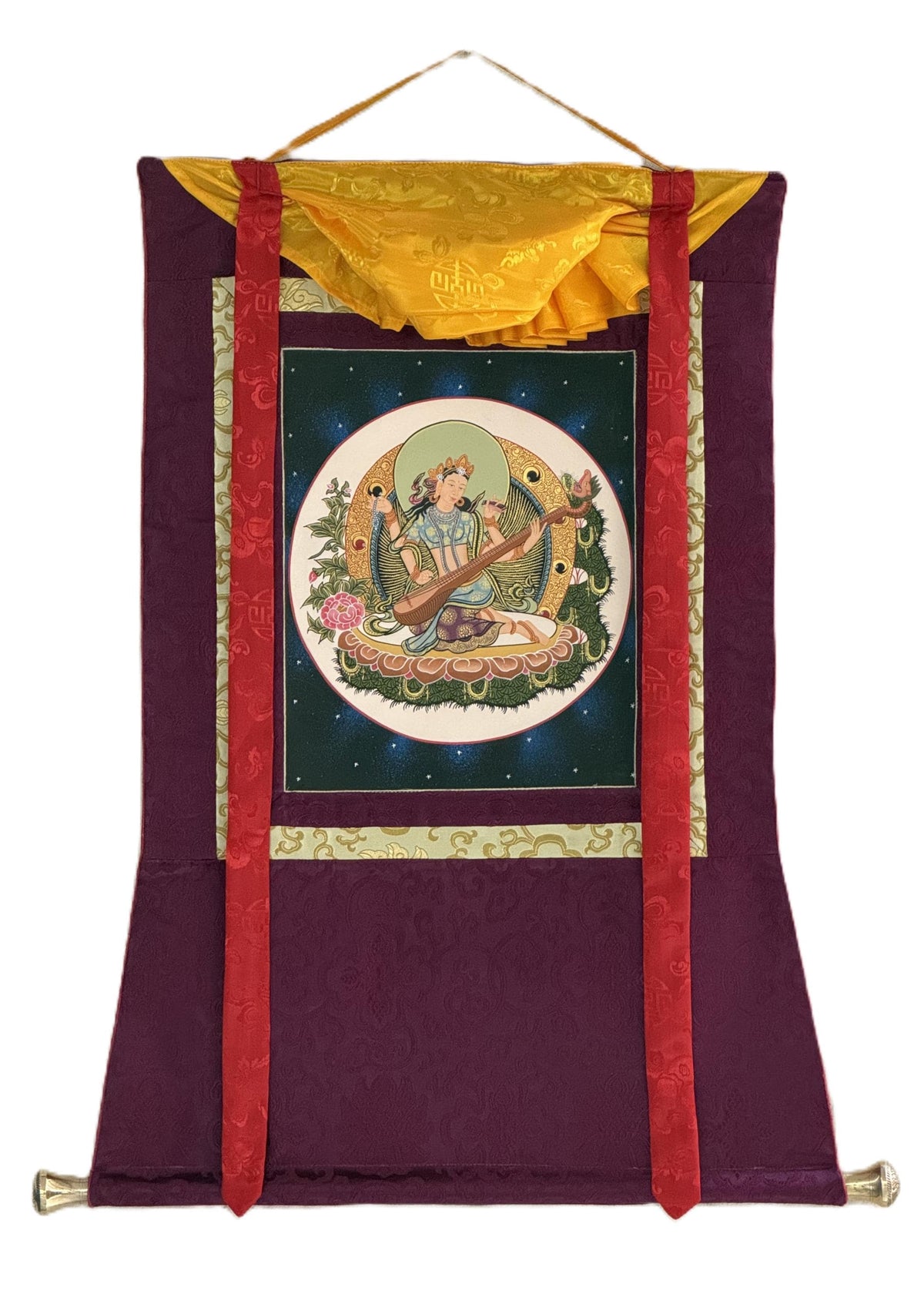 Mother Saraswati Thangka with Silk Brocade | Hand-Painted Hindu Goddess of Wisdom Art
