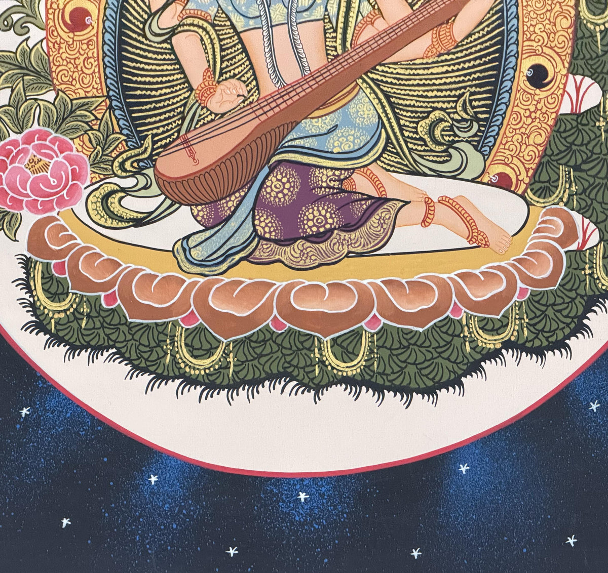 Mother Saraswati Thangka with Silk Brocade | Hand-Painted Hindu Goddess of Wisdom Art