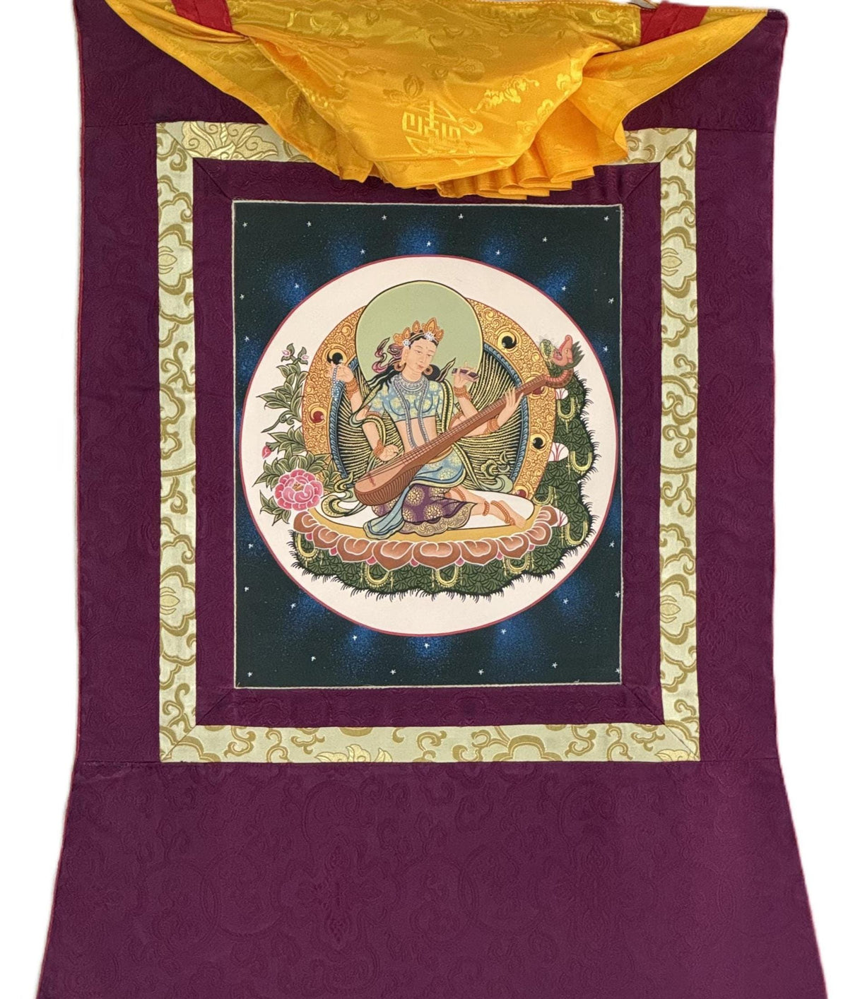 Mother Saraswati Thangka with Silk Brocade | Hand-Painted Hindu Goddess of Wisdom Art