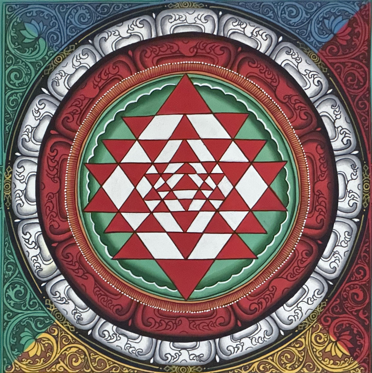 Hand-Painted Sri Yantra Thangka Painting with Silk Frame