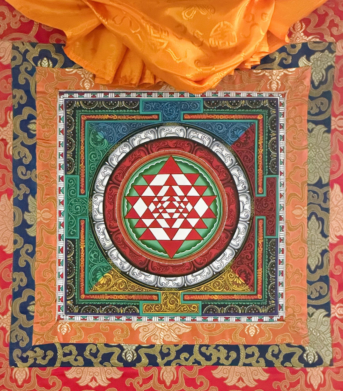 Hand-Painted Sri Yantra Thangka Painting with Silk Frame
