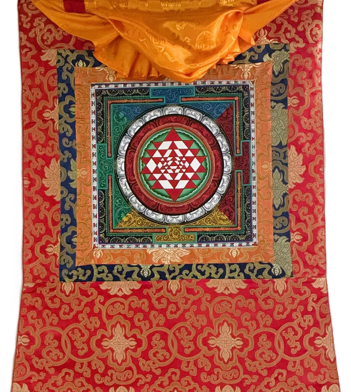 Hand-Painted Sri Yantra Thangka Painting with Silk Frame