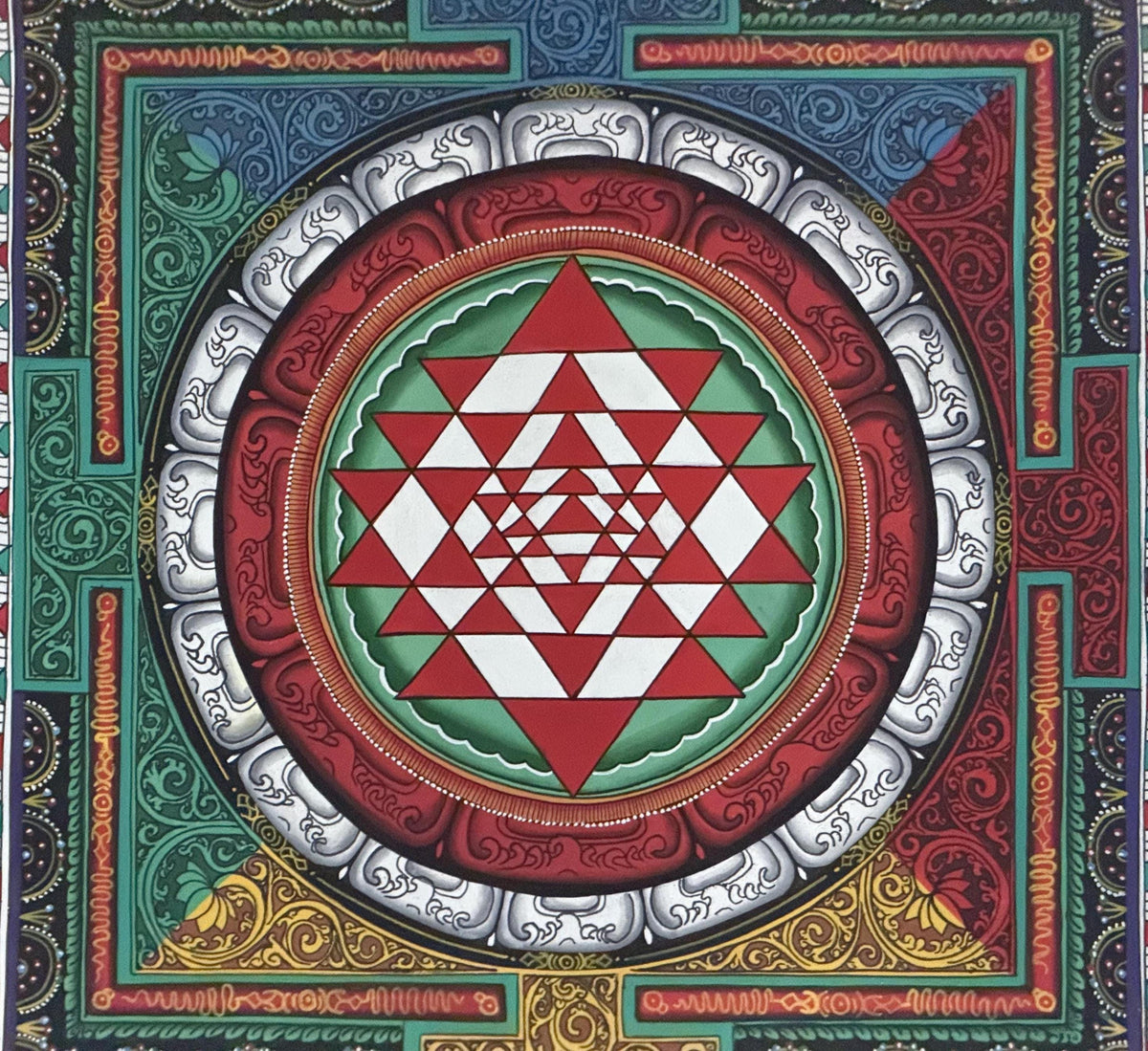 Hand-Painted Sri Yantra Thangka Painting with Silk Frame