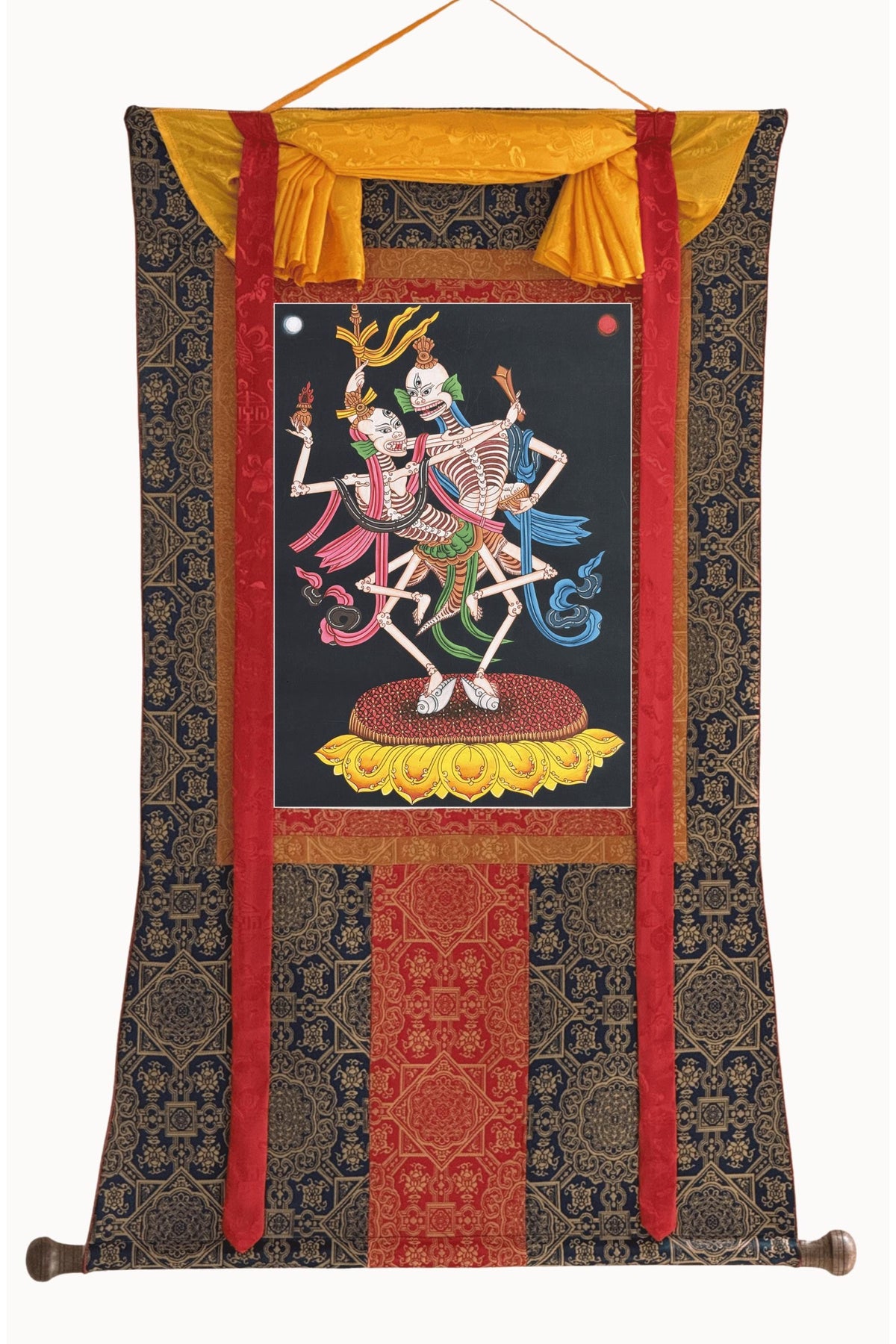 Citipati Dancing Skeletons Thangka | Hand-Painted Tibetan Buddhist Art | Silk Brocade Dharma Protector Wall Hanging